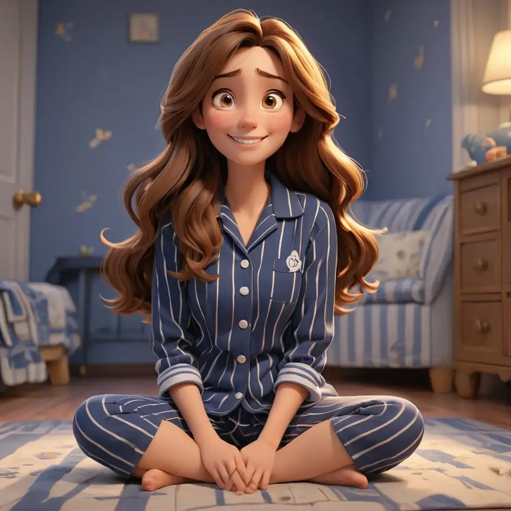Disney pixar theme, 3d animation, beautiful mom, long brown hair, brown eyes, happily sitting on the floor, wearing navy blue stripe pajamas