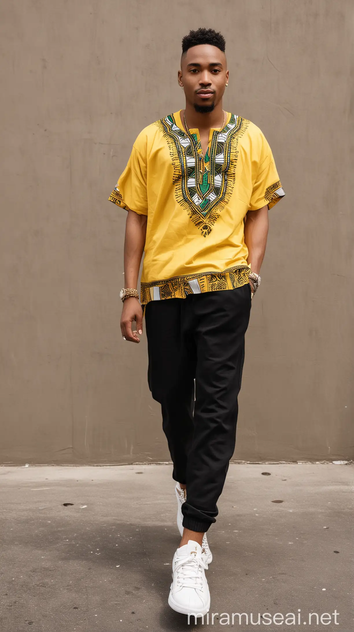 African light skinned man wearing plain yellow Dashiki shirt and black Pants and white sneakers