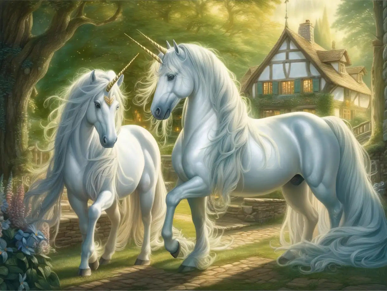 2 unicorns  parked in front of an INN
The unicorns :Pure white coats a gleaming, spiraled horn.  mane and tail are flowing and white, 

-The background is a lush, green forest with sunlight filtering through the leaves, creating a serene and magical atmosphere. 

-unicorns: large draft breed standing about 17 hands (68 inches or 173 cm) at the shoulder certainly matches the grand and majestic image often portrayed in tales and artwork. This depiction fits well with the traditional vision of unicorns as powerful and noble creatures. Long Mane / magical background and infront of an INN waiting for adult sorries
