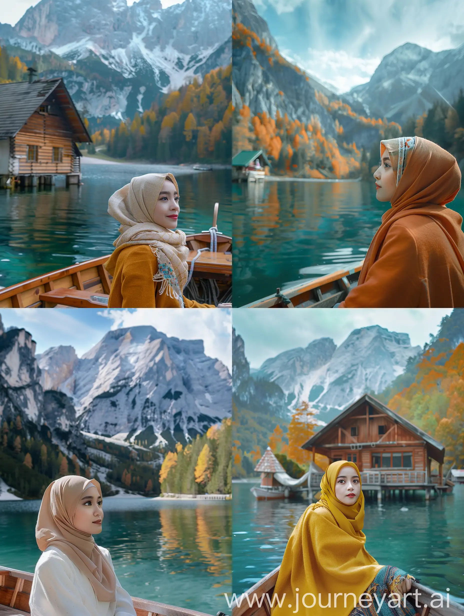 Highly detailed, realistic 35mm photo featuring a bright and cheerful young Indonesian hijab woman gazing into the distance while sailing on a boat. The backdrop is a serene lakeside cabin surrounded by lush greenery and bright fall colors. In the background, majestic mountains with patches of snow add to the beauty of the view. The calm blue waters of the lake reflect the natural surroundings, creating a beautiful and serene view. This cabin, with its cozy and inviting appearance, is located on the water's edge, offering the perfect retreat to nature.