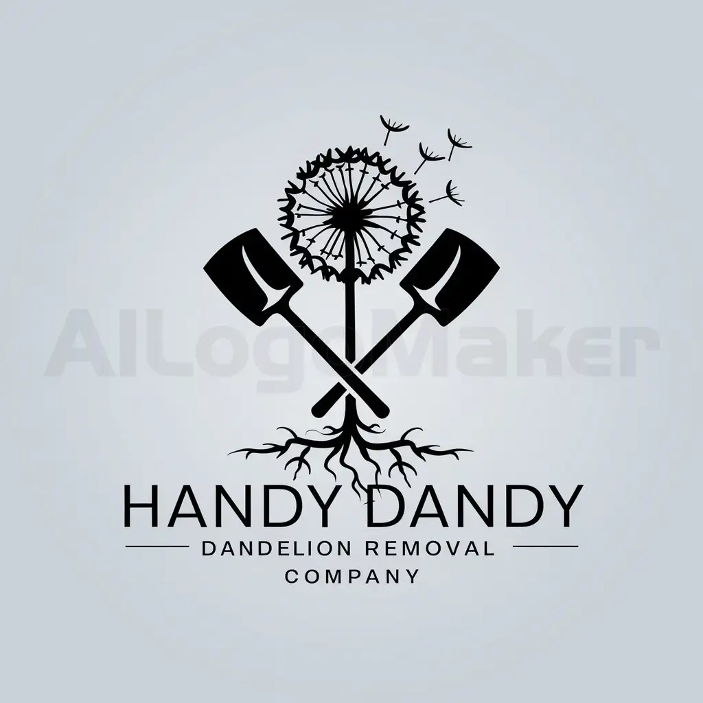a logo design,with the text "Handy Dandy Dandelion Removal", main symbol:A black and white dandelion with roots wrapping around two hand shovels ,Moderate,be used in Construction industry,clear background