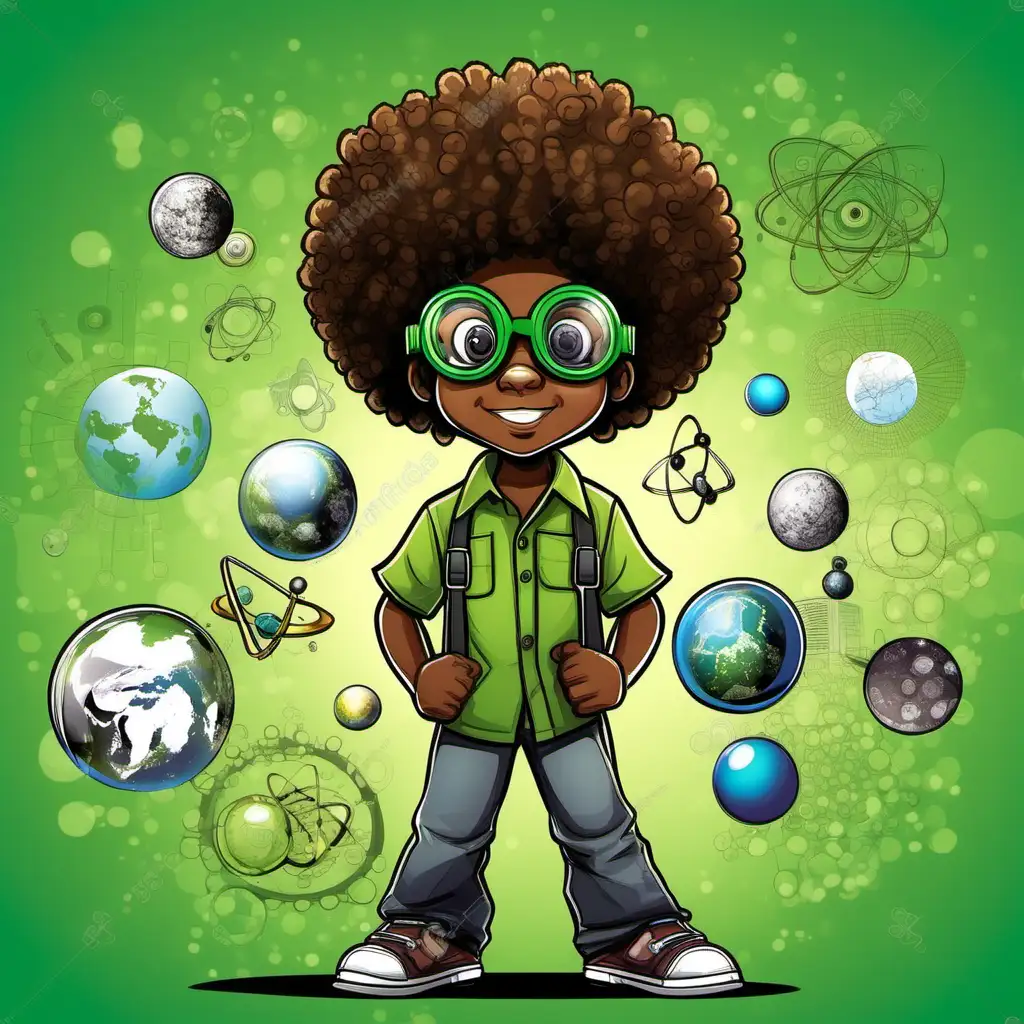 cartoon african american 5 year old little boy with big curly afro and dark brown eyes wearing green shirt and science goggles standing up