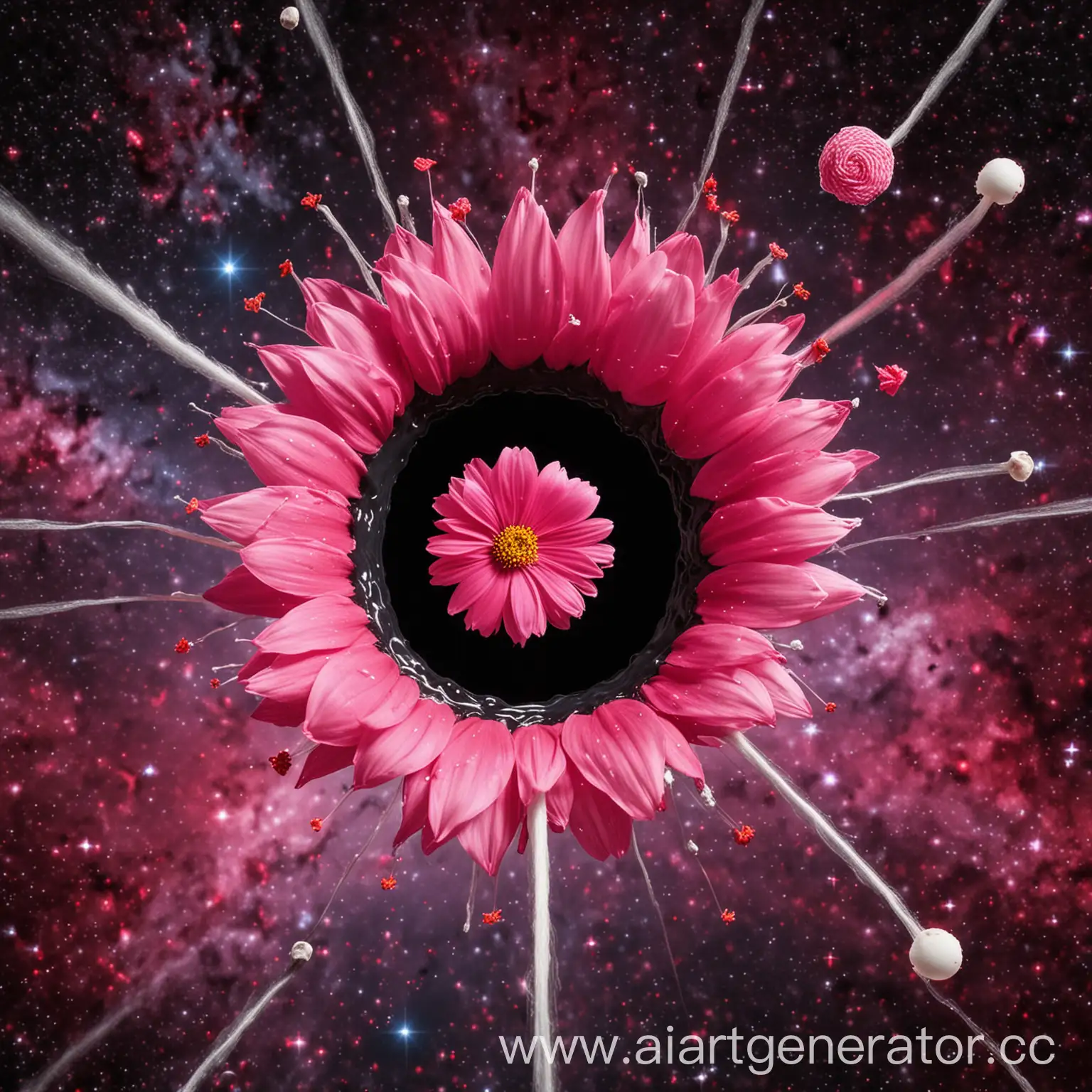 Черная дыра в розовом ярком космосе. Внутрь черной дыры тянется жвачка. Вместо звезд и планет парят чупа-чупсы и конфеты.