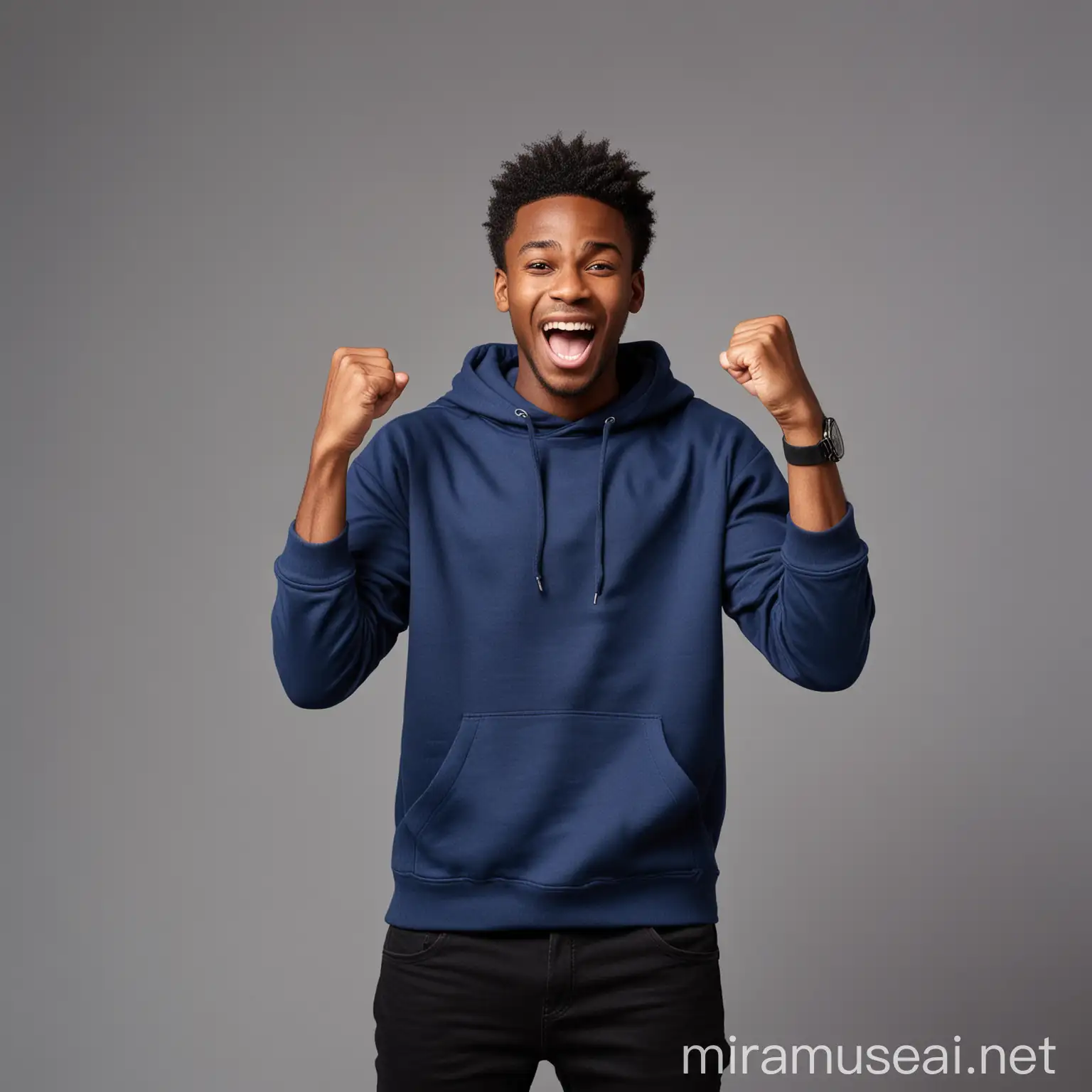 Excited African black young man , overjoyed as he wins a lottery , putting on a dark blue sweatshirt and black pants , raise his clenched fist up , standing against gray space , facing camera