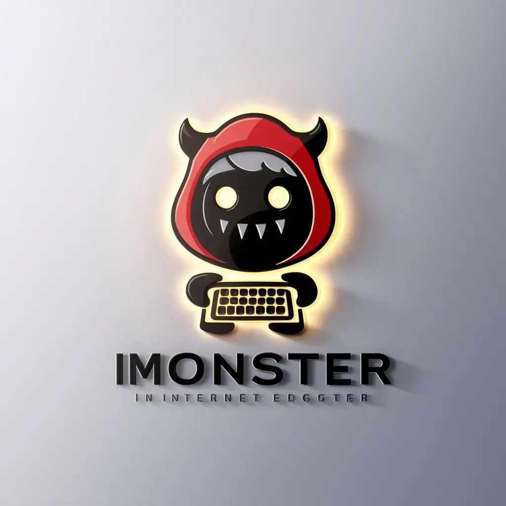 a logo design,with the text "keyboard monster", main symbol:a logo design,with the text 'keyboard monster', main symbol: A logo design with the words 'keyboard monster', main logo: a logo design with the words 'keyboard monster', main logo: cute monster mask wearing light, red hood on head, hacker holding keyboard, gentle, used in Internet industry, clear background, minimalism, used in Internet industry, clear background,Moderate,be used in Internet industry,clear background,Minimalistic,be used in Internet industry,clear background,Moderate,be used in Internet industry,clear background