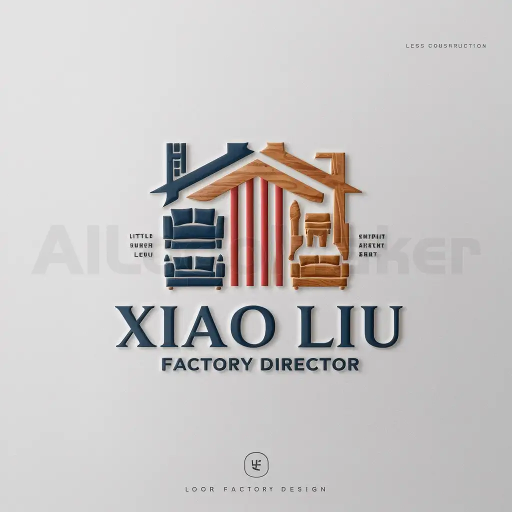 a logo design,with the text "Xiao Liu Factory Director", main symbol:American style, need to highlight traditional and modern American elementsnColor selection: classic American colors, such as red, blue, white, etc., or wooden huesnPattern elements: furniture elements (such as sofas, chairs, etc.), combined with some symbols of management or leadership to represent little Liu, the factory manager,Moderate,be used in Construction industry,clear background