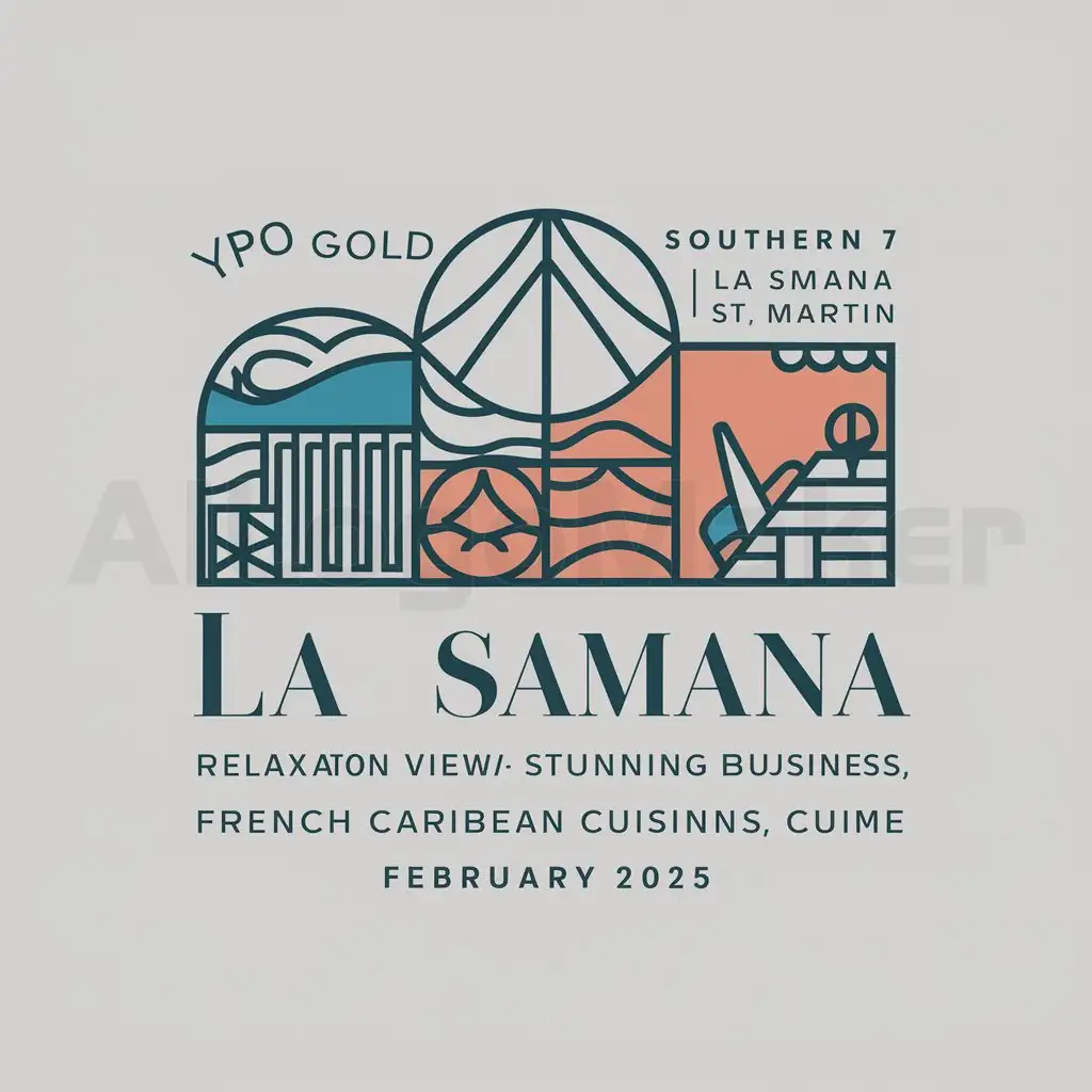 a logo design,with the text "YPO Gold Southern 7, St. Martin , La Samana", main symbol:Logo Design Brief Pictorial/Combination LogonA logo for a meeting to be held at La Samanna in St. Martin Feb 2025 for YPO Gold Southern 7 group. Need to express relaxation, rewind and engage with fellow business leaders. Logo should be inviting also could use a slogan. St. Martain is known for its stunning views, beaches, and French Caribbean cuisine. Would like the old Miami feel. Take a look at the La Samanna poster added. Does not have to be a circle type logo. Blue/white cabana comes to mind. Like the Simple nature of the La Samanna poster as well as the Salmon color for the La Samanna. Again old world Miami feeling.,Moderate,clear background
