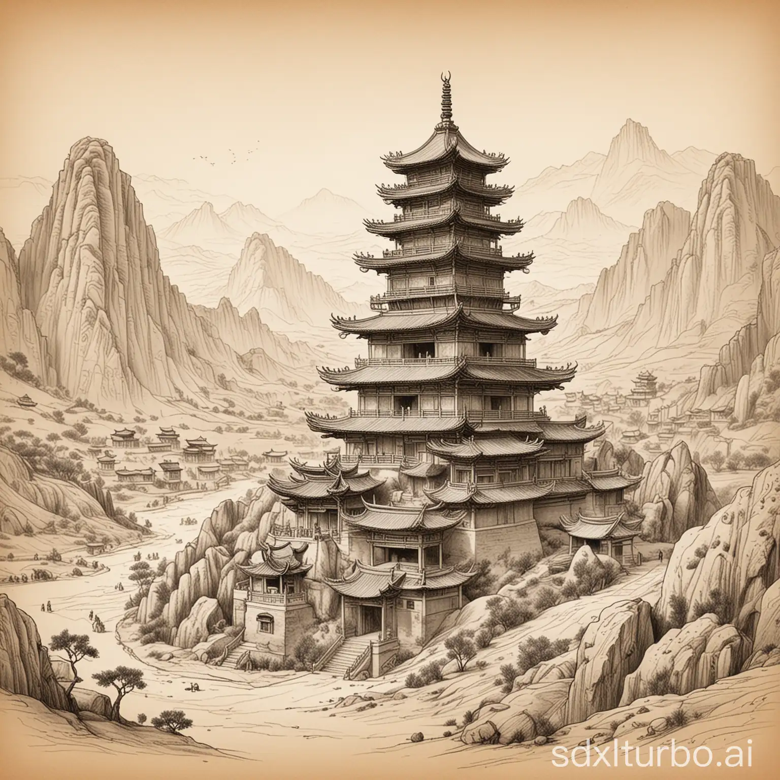 Dunhuang Nine Tiers Pagoda Hand drawn Sketch style Pencil Chaos