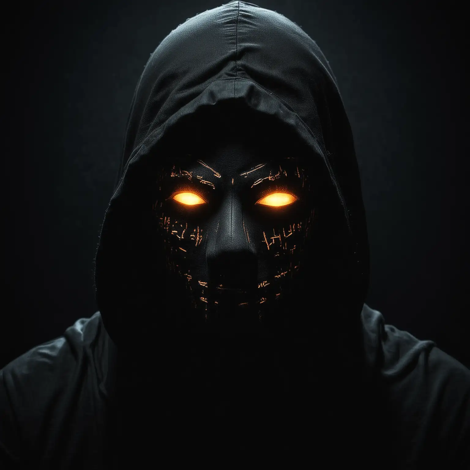 Hooded Figure with Glowing Eyes in Enigmatic Darkness