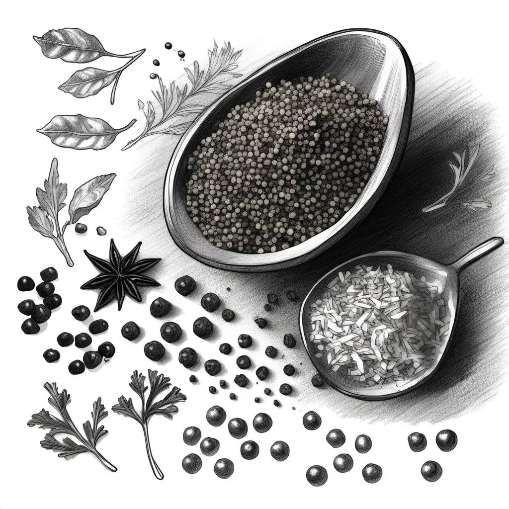   sketch of peppercorn , parsley flakes and other seasoning