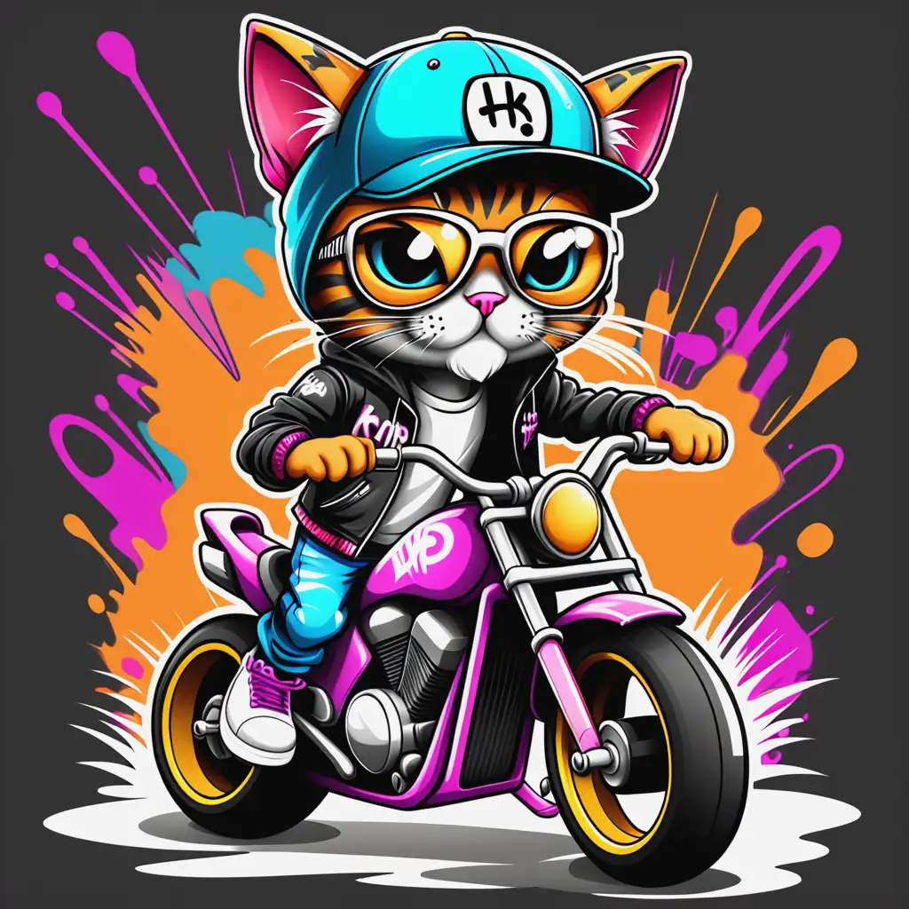 Hip Hop Biker Racer Graffiti kitty Cartoon- Digital Download PNG, JPEG - Pittsburgh - racing clothes, racing Motorcycle Theme, hip hop background, transparent background