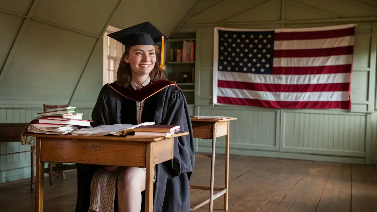 A college student with a graduation gown on sitting at a desk. The bcakground is a school house room with an American flag on the wall. 