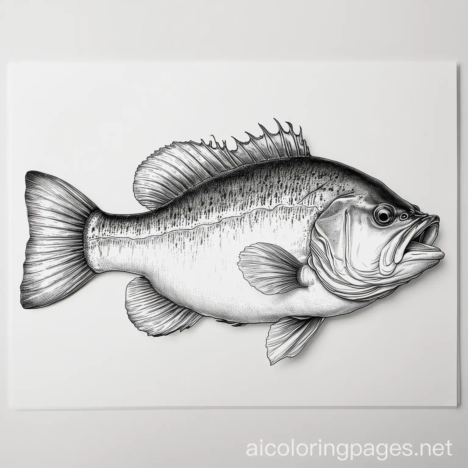 small mouth bass, Coloring Page, black and white, line art, white background, Simplicity, Ample White Space. The background of the coloring page is plain white to make it easy for young children to color within the lines. The outlines of all the subjects are easy to distinguish, making it simple for kids to color without too much difficulty