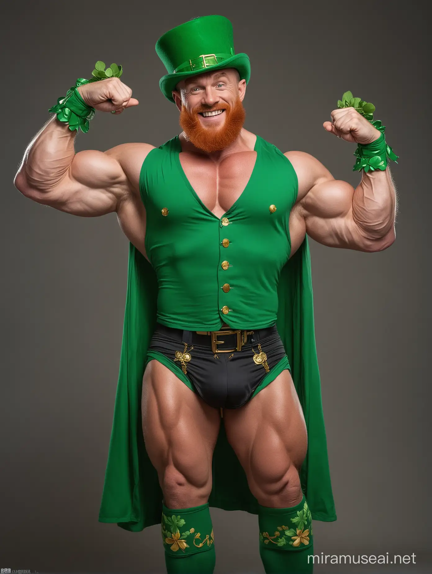 Beefy Topless Irish Leprechaun Bodybuilder Flexing with Shamrocks