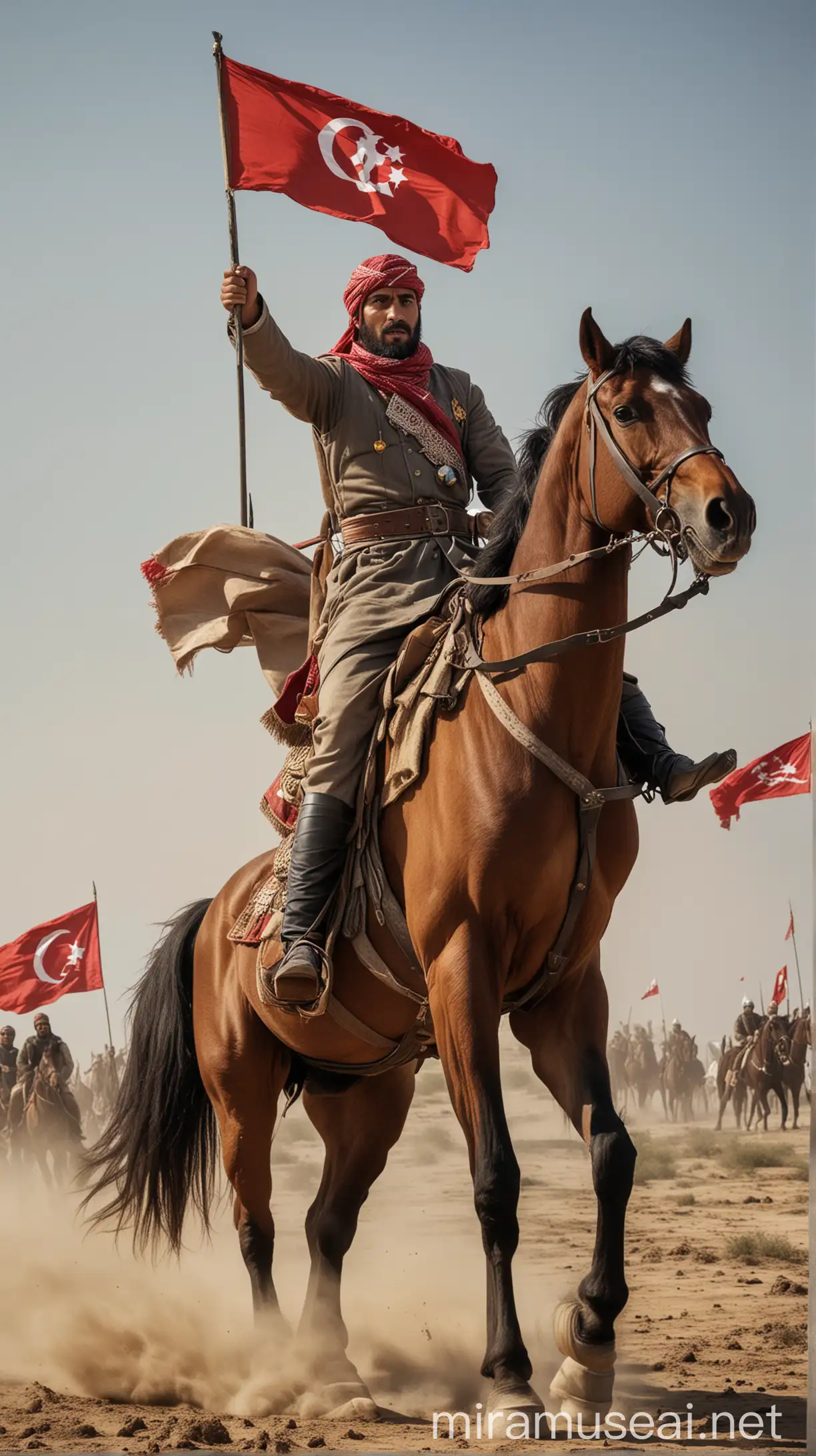 Uzun Hasan, mounted on his horse on the battlefield, with the flag of Akkoyunlu waving behind him, bravely fighting against the Ottoman army.
