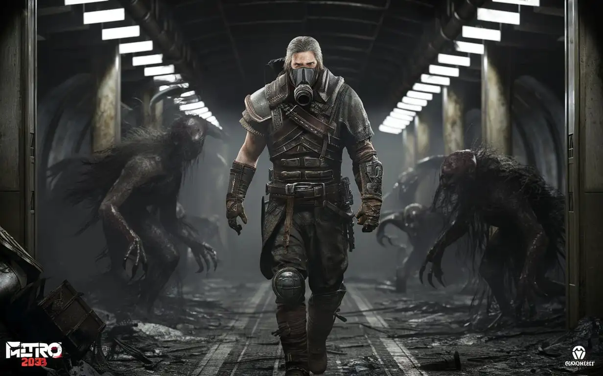  Geralt goes with a GP-7BT gas mask on his face and armor on his body into the abandoned, broken metro, and it's dark, and scary monsters come out. Geralt goes heroically, the atmosphere is frightening and beautiful, monsters attack Geralt in the game Metro 2033.