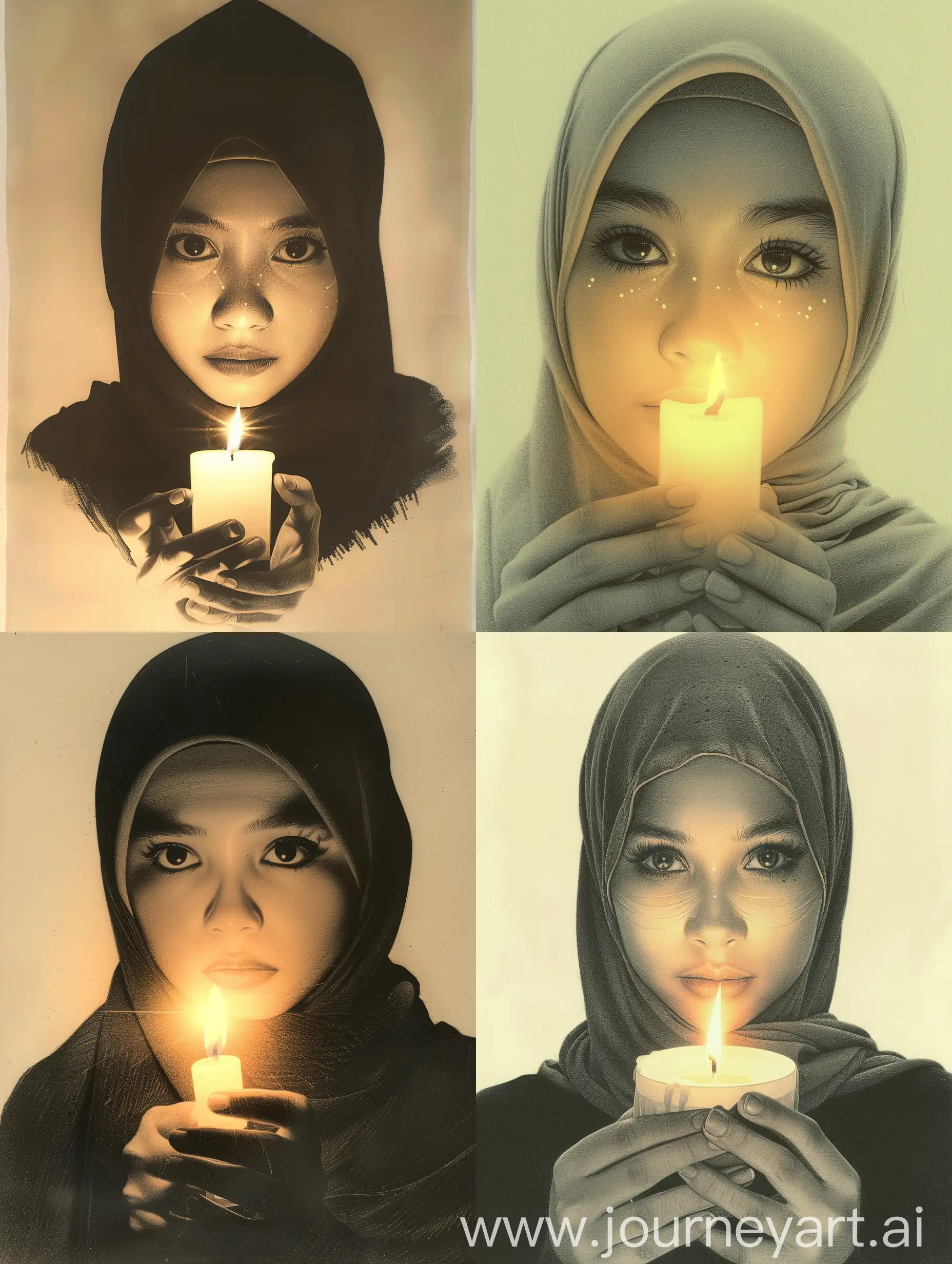 Candle light reflects off an image, creating a strong surface effect & photorealistic effect, simple black pencil drawing with no fill, on a cream background, a very beautiful Indonesian hijab woman with beautiful eyes holding a candle, bright candle light reflecting on her young face woman, creates a strong surface effect making her face smooth with a photorealistic effect that displays the beauty of flawless skin in the image. in a bas relief effect style with a photorealistic colored finish. soft and light natural skin tone isolated on the face. shadow & light effects.
