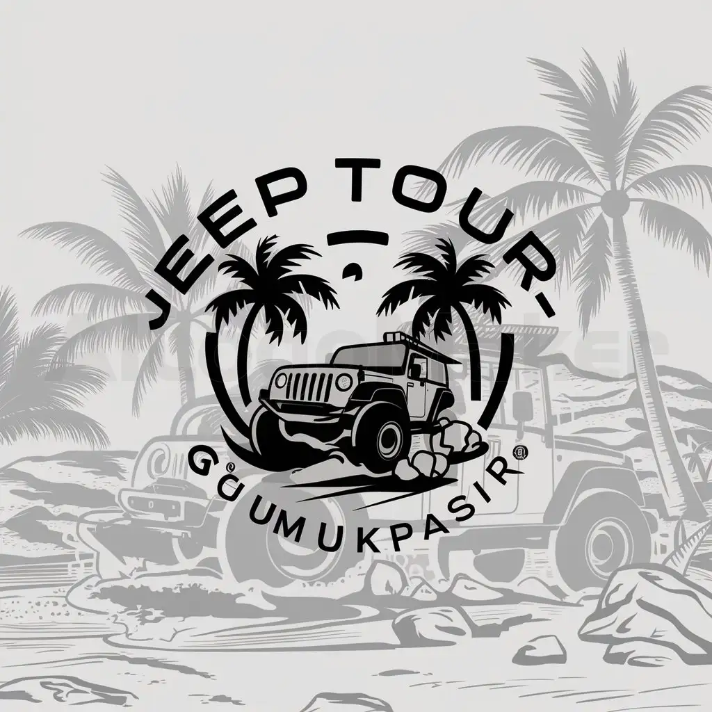 a logo design,with the text "jeeptour_gumukpasir", main symbol:jeep offroad, palm tree, beach, rock,Moderate,clear background