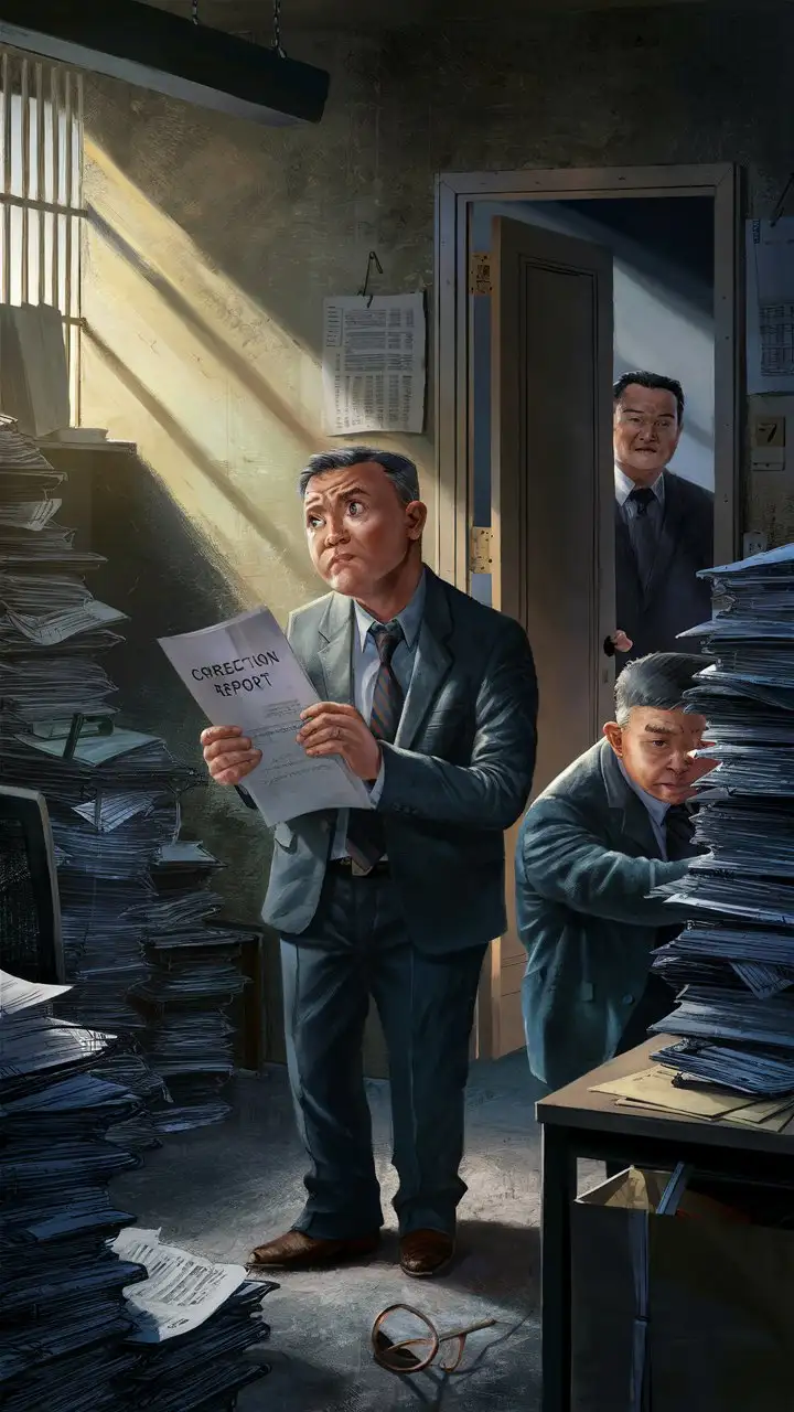 写实的画面，中国嘲讽式漫画。内容如下： 画面一： 背景：一间办公室，桌上堆满了文件和资料，显得凌乱不堪。窗户透进微弱的阳光，照亮了一角。 人物：主角，一个中年男性经理，身穿西装，面露焦虑，手里拿着一份文件，文件上写着”整改报告“的封面大字，显得犹豫不决。 动作：老板在暗处门口注视着他，经理眼神瞟向门口，似乎感觉到有人在接近。他迅速将报告藏到一堆文件下面，然后假装在整理桌面，同时耳朵微微贴近桌面，像是在偷听外面的动静。