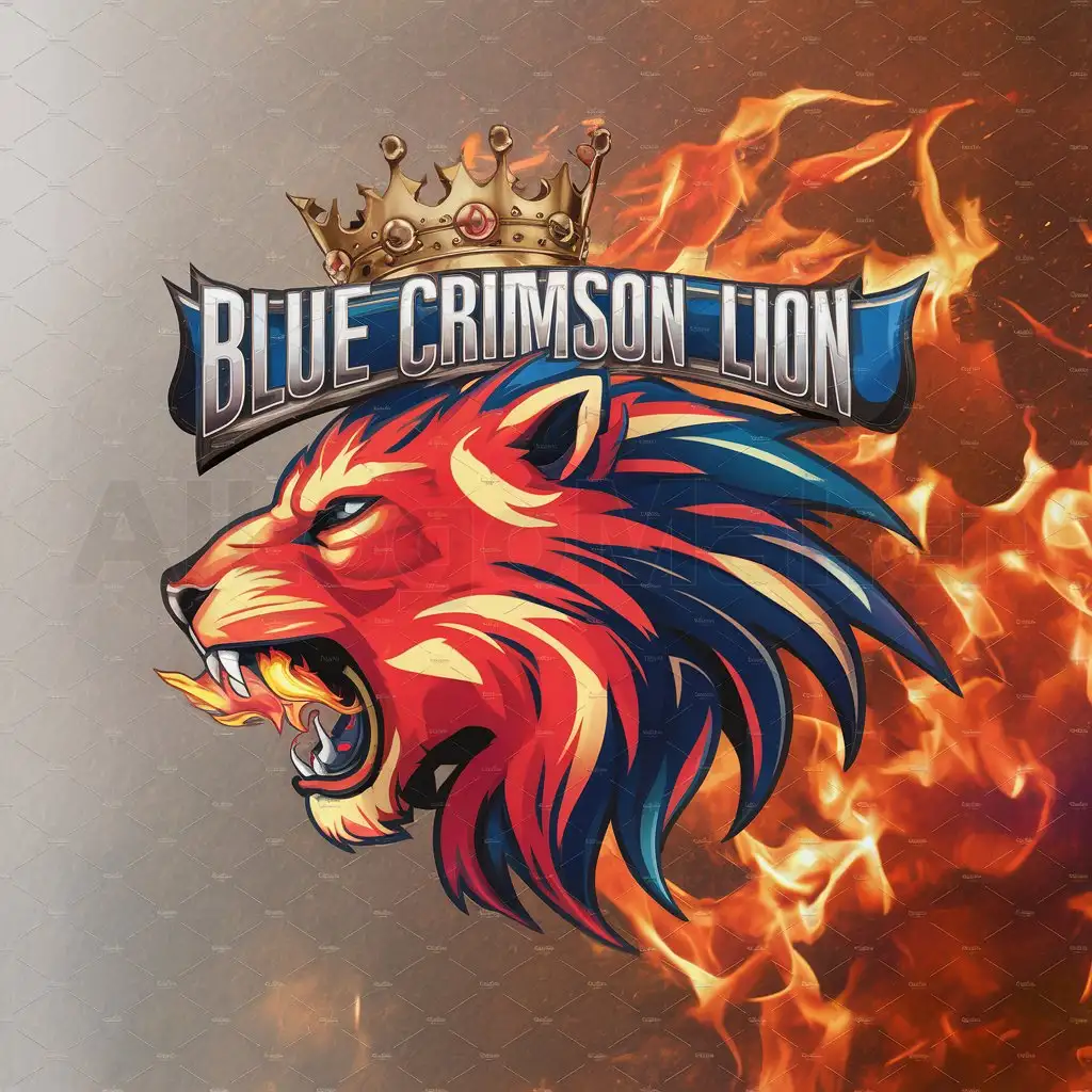 LOGO-Design-For-Blue-Crimson-Lion-Majestic-Lion-Head-with-Crown-and-Fiery-Background