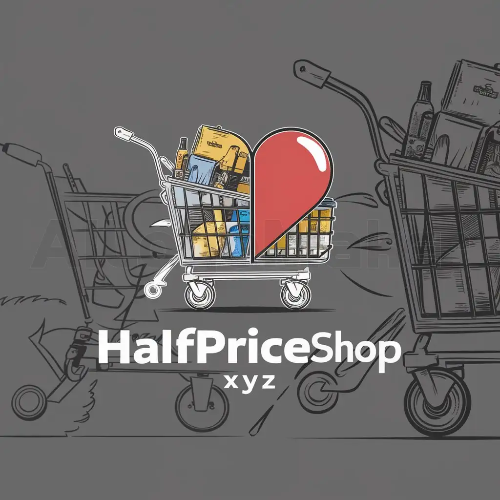 a logo design,with the text "HALFPRICESHOP.XYZ", main symbol:SHOPPING TROLLEY WITH HEART DEVIDED IN TWO COLORS,Moderate,clear background