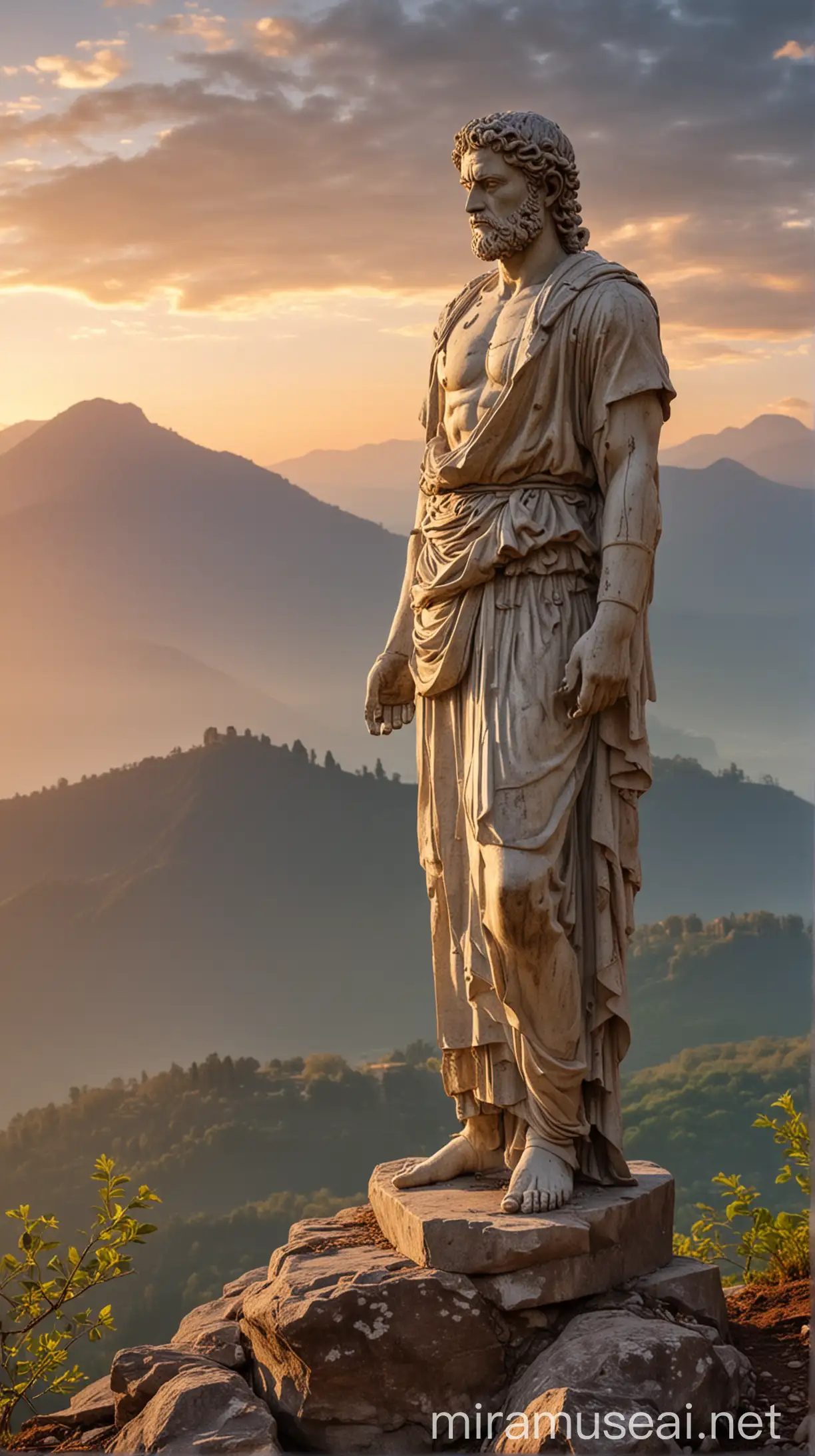  Stoic statue looks attractive with full body looking at sunrise mountains in surrounding 