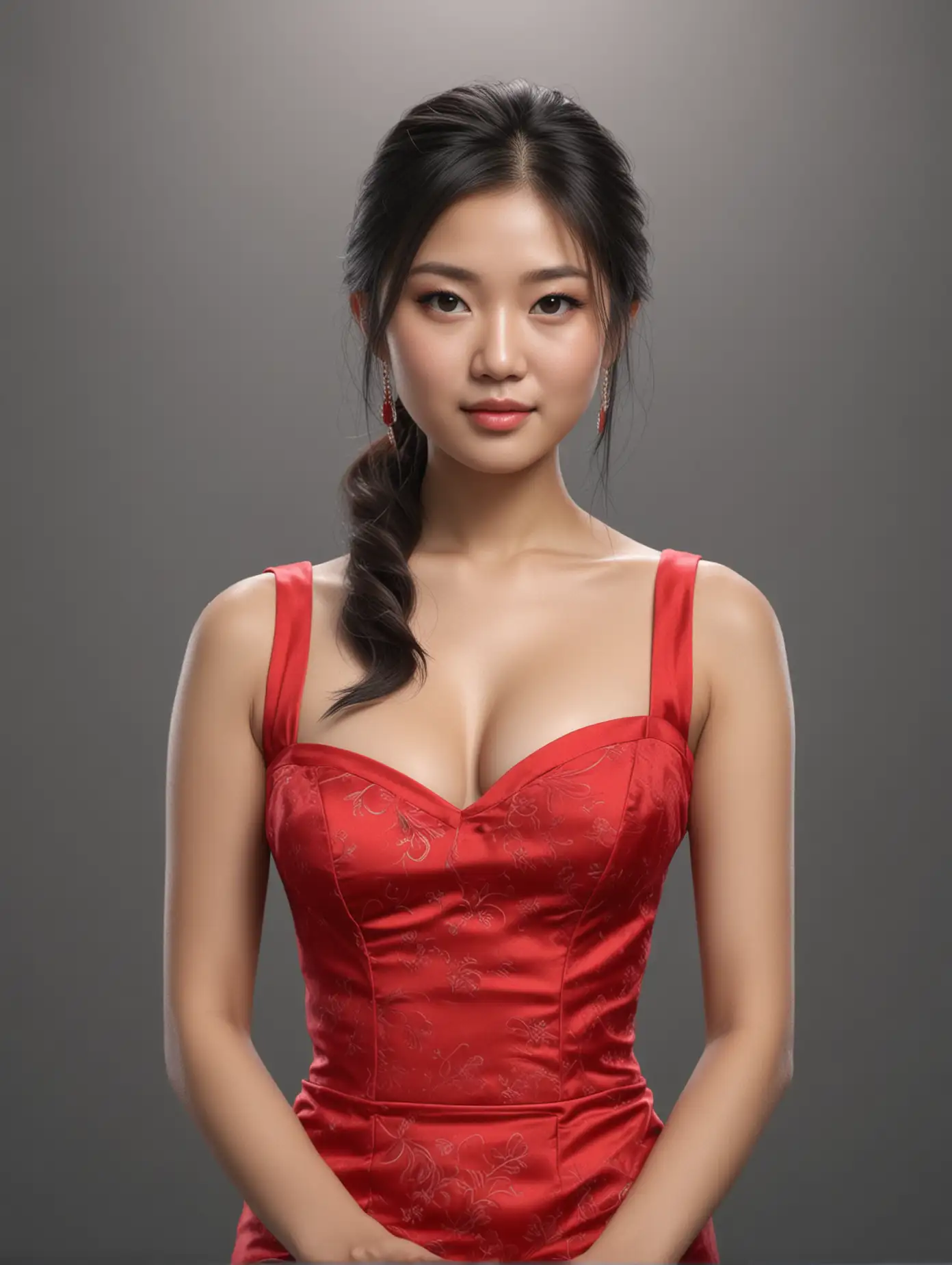 亚洲casino女生，半身，正面，穿着亮红色礼服，单色的背景，逼真，4k高清，