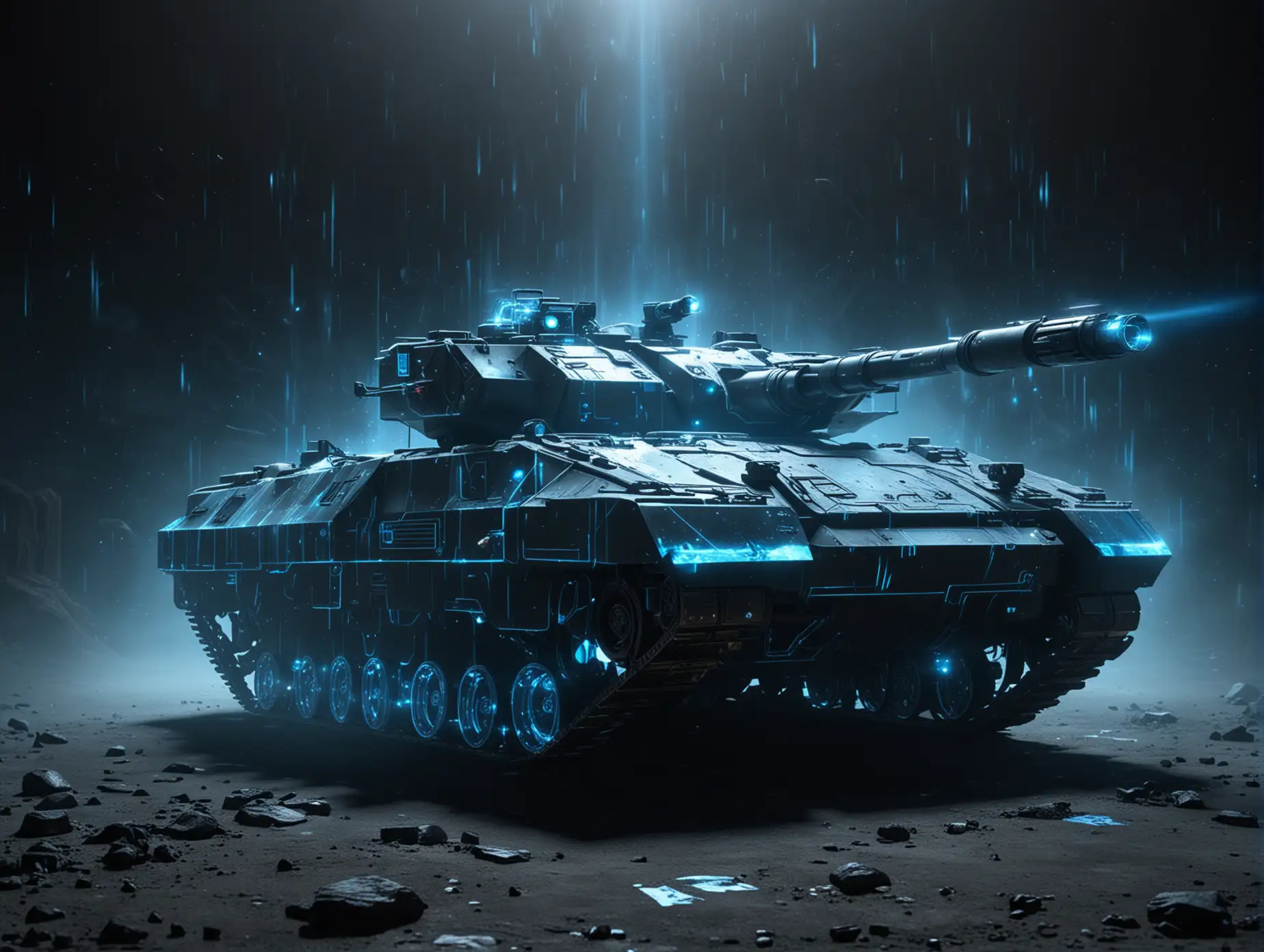 A futuristic blue tank hologram in a black, smoky sci-fi background