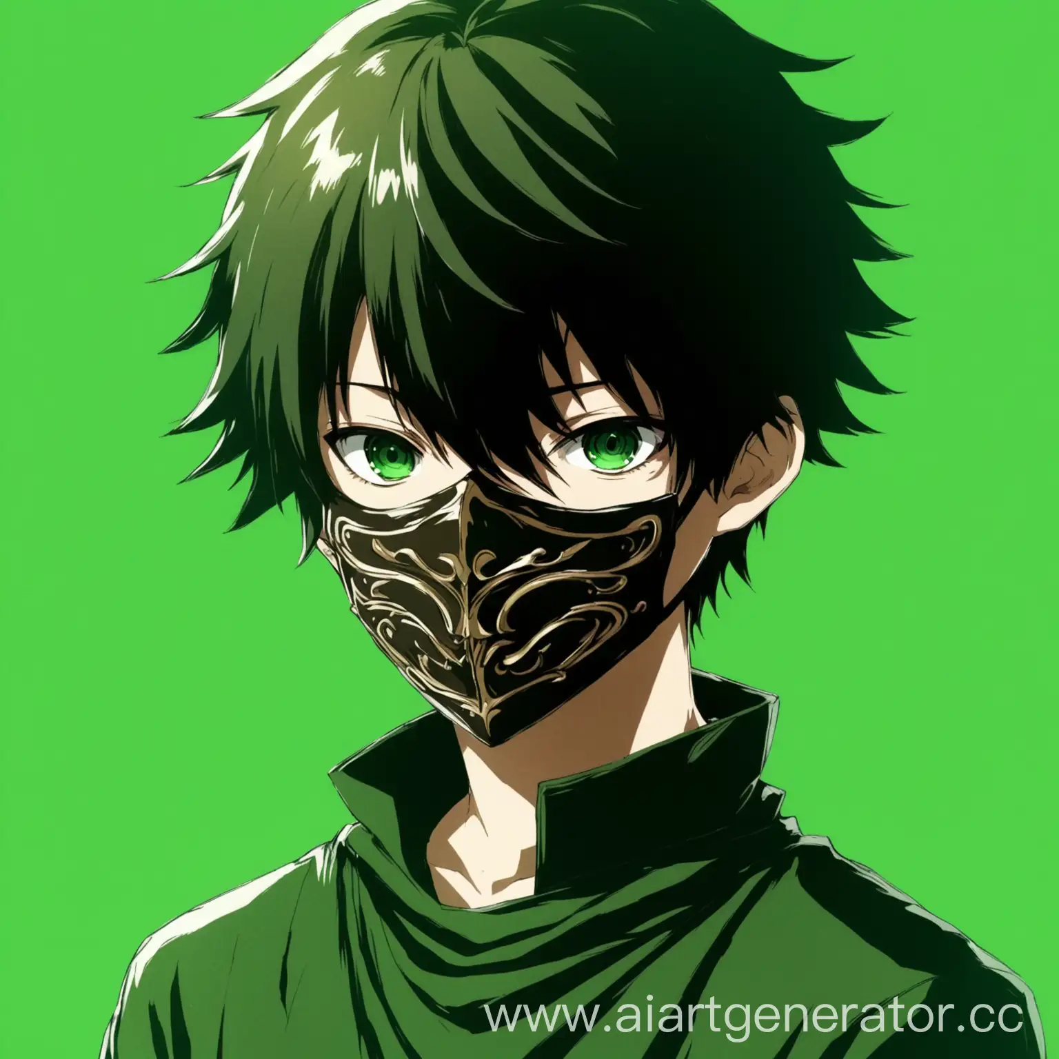 Аниме мальчик в маске, зеленый фон.