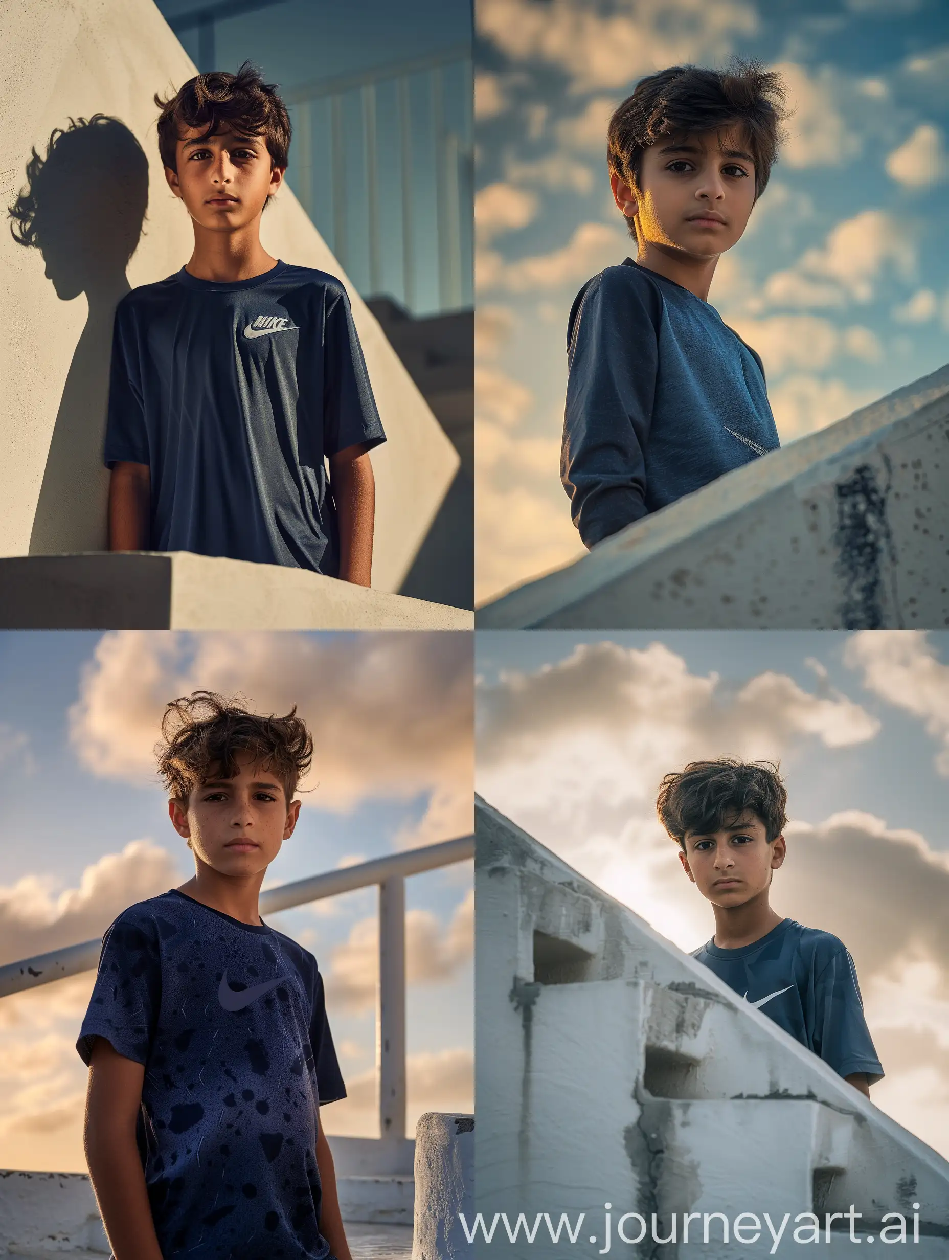 Low camera angle shot, half-length portrait, warm and cold tones，super impact Angle, a beautiful Iranian boy wearing a dark blue Nike shirt, he is standing on the artistic white Rotating step, the picture emphasizes its fashion design and beauty, Panasonic GH6L, highlight details, warm light, Professional lighting, sharp edges, hyper-realistic photography, captured by Hasselblad X1D, no sunshine, text, cloud --s 150 --ar 3:4 --v 6.0 --style raw 
