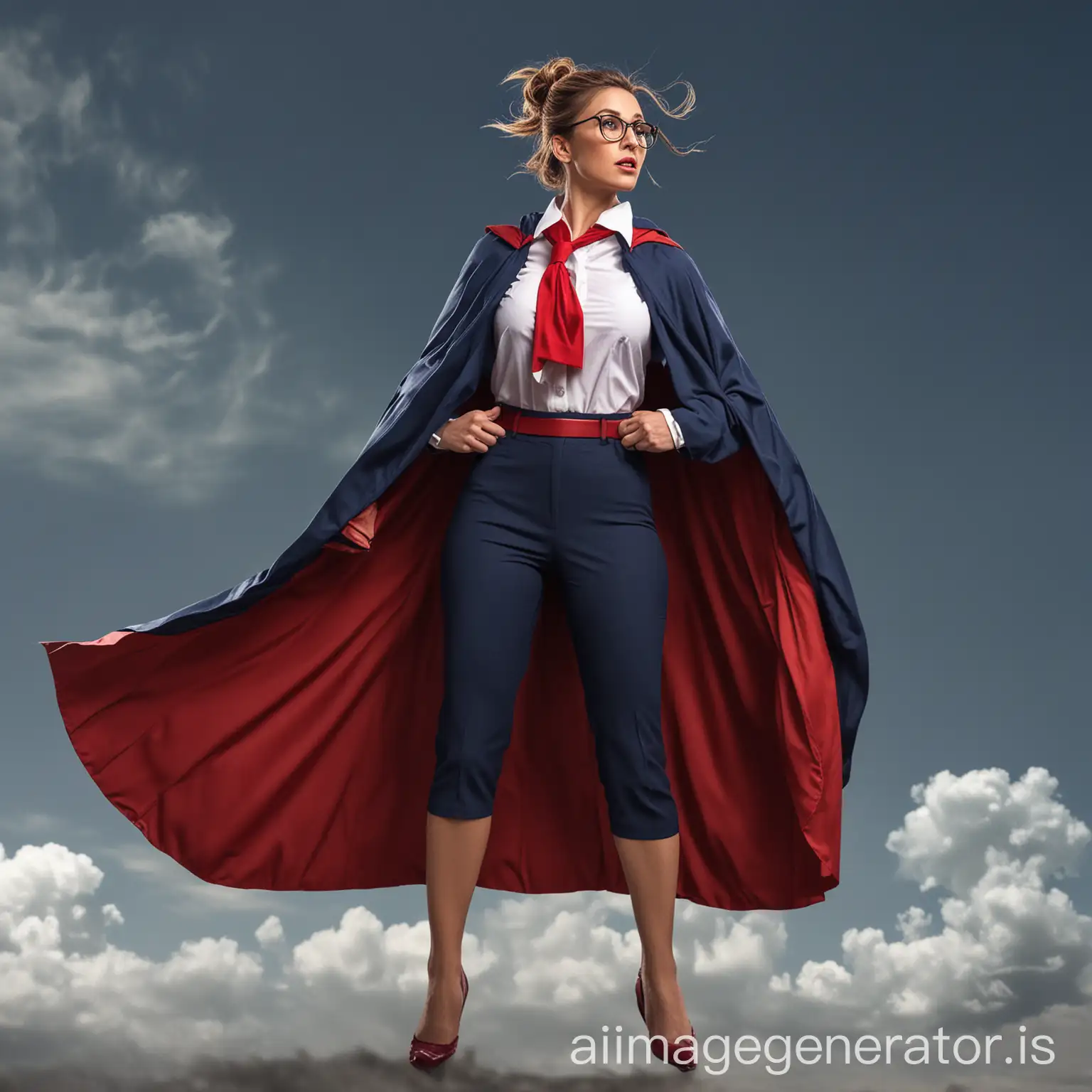 woman superhero standing. facing the camera. hair in a bun. wears glasses. fists on hips, chin up, confident pose.  wearing a dark blue business suit with a white blouse. with ankle-length red cape waving behind her in the wind.