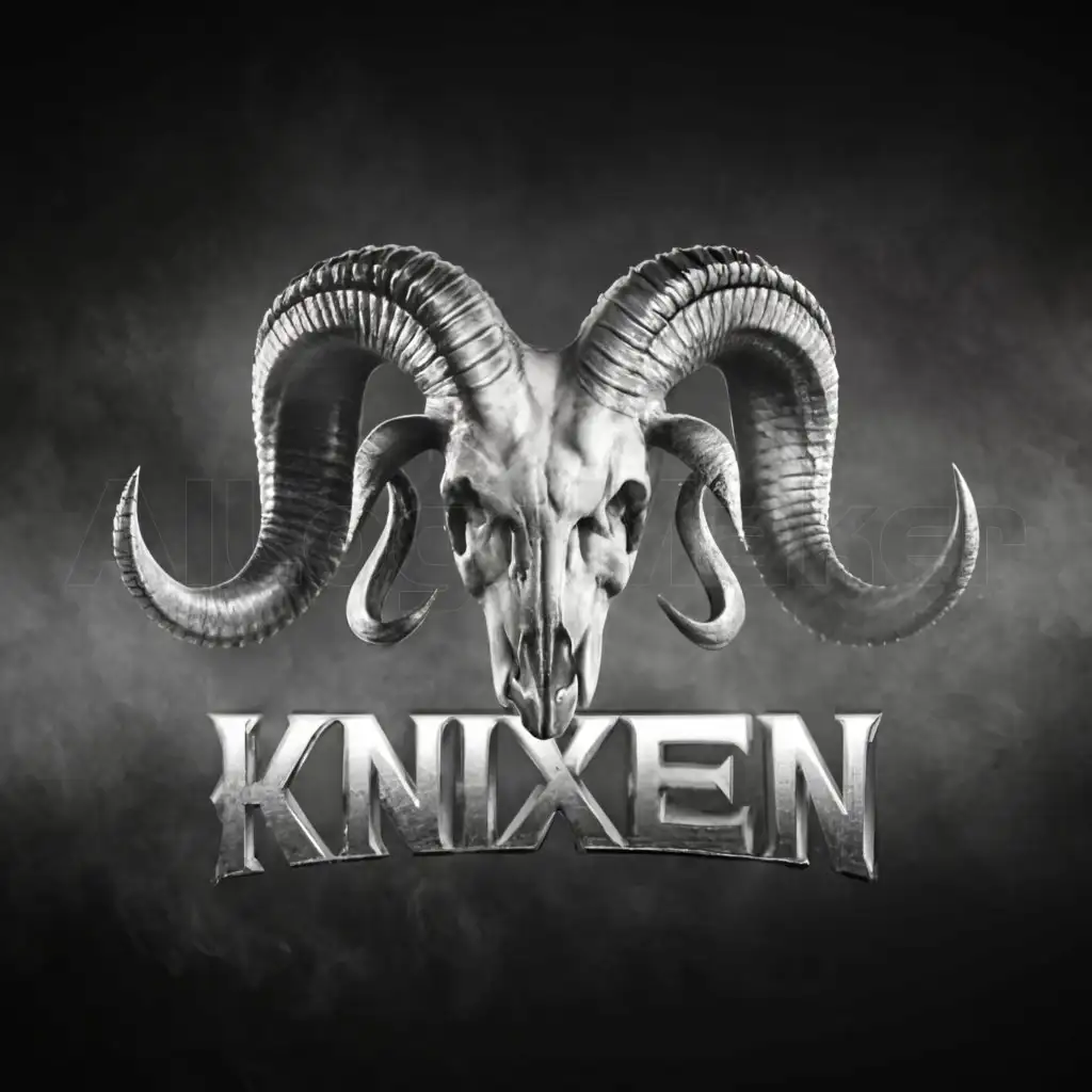 a logo design,with the text 'KNIXEN', main symbol:hyperrealistic ram skull hyperrealistic fog black white gray,complex,be used in Sports Fitness industry,clear background 