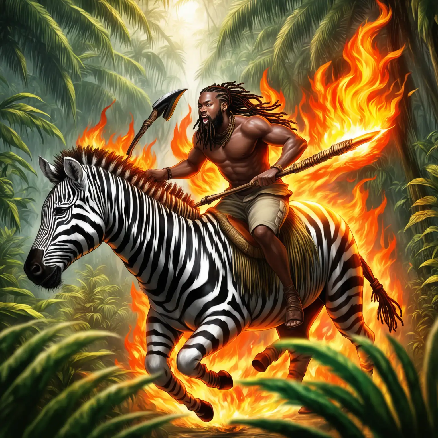 Create a 4k glossy oil airbrushed image of a young African American male with black dread locs and beard riding a zebra in the jungle while wielding fire.