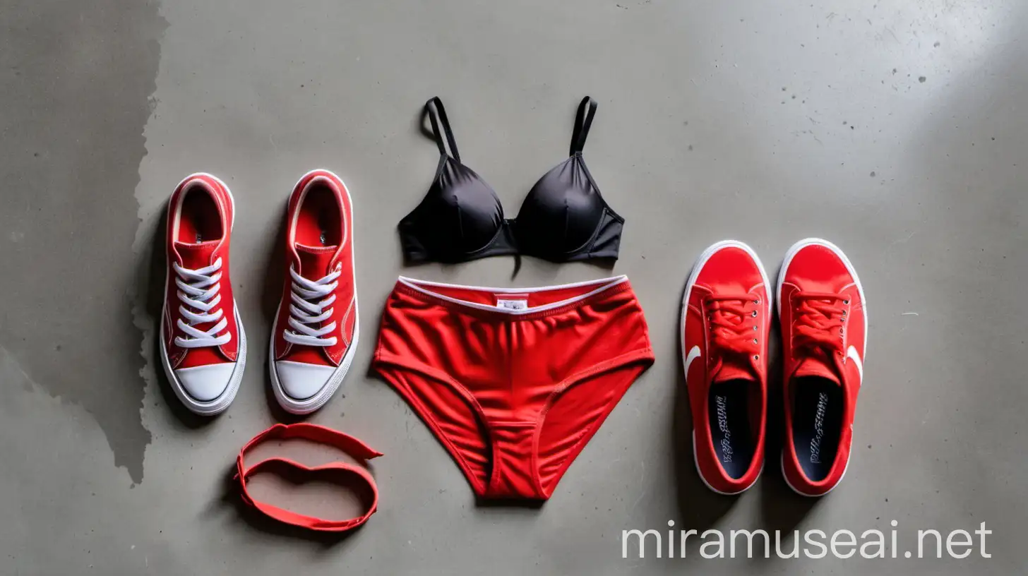 two red canvas sneakers, two female heels , a bra , a panty , a male under wear on a Concrete
 floor...
