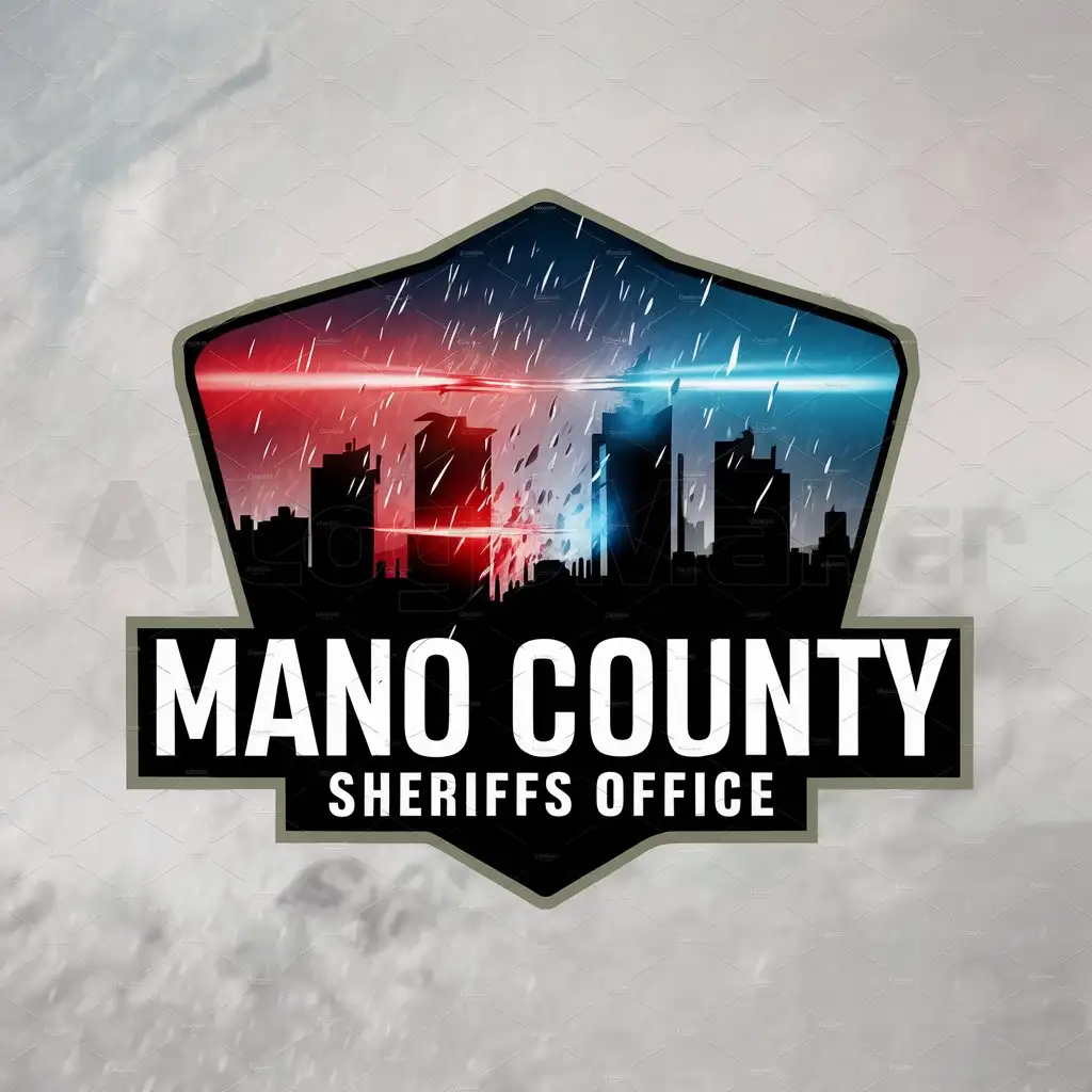 a logo design,with the text "Mano County Sheriffs Office", main symbol:Skylines flashing red and blue lights with an intense battle of police and criminals with rain pouring down from the sky,Moderate,clear background