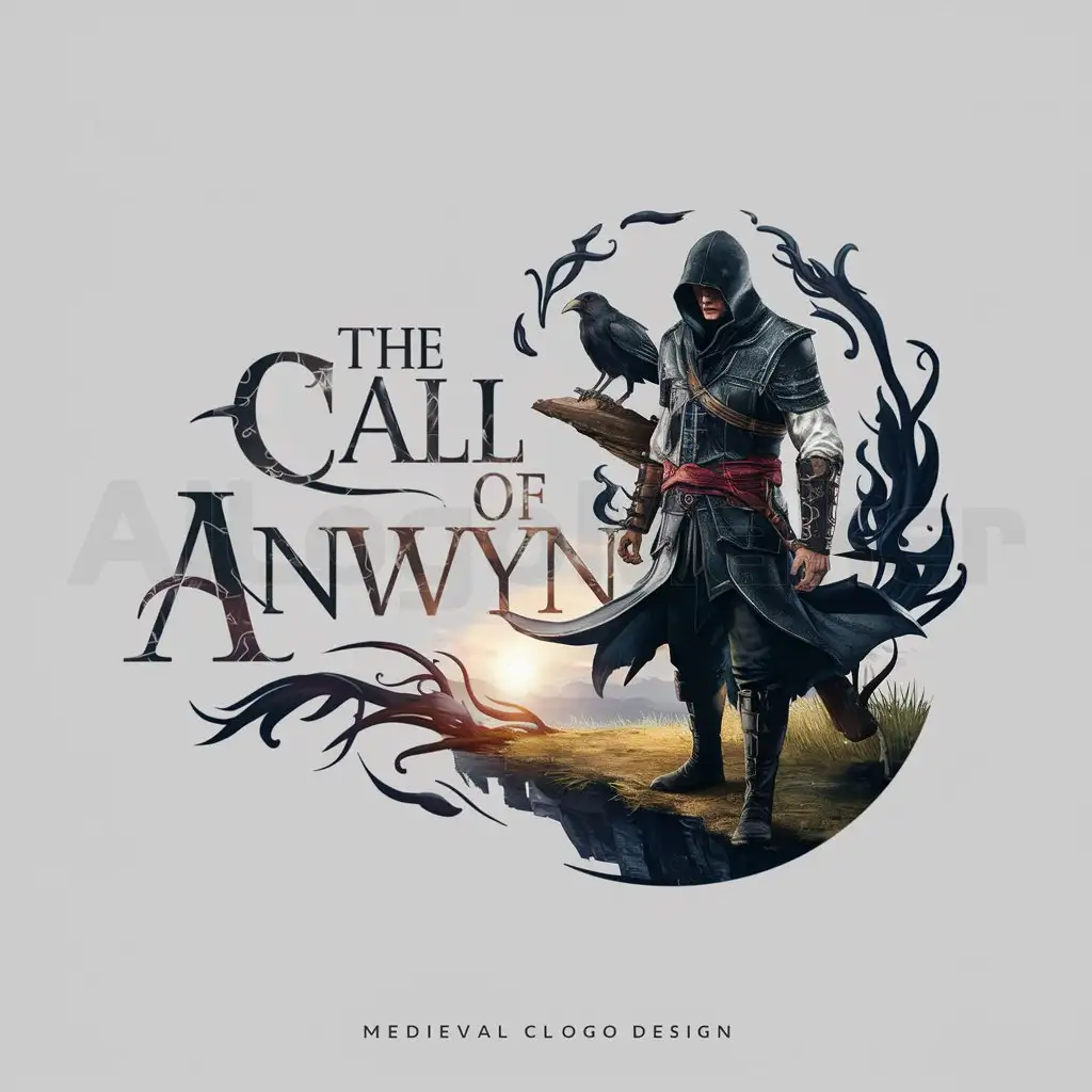 a logo design,with the text "The Call of Anwyn", main symbol:photorealistic assassin with a black black cloak and hood with a crow companion, on a cliff in sunlight worships the sun, dark fantasy, dark magical flames, cinematic, Demon Souls like, medieval typeface,Moderate,be used in Others industry,clear background