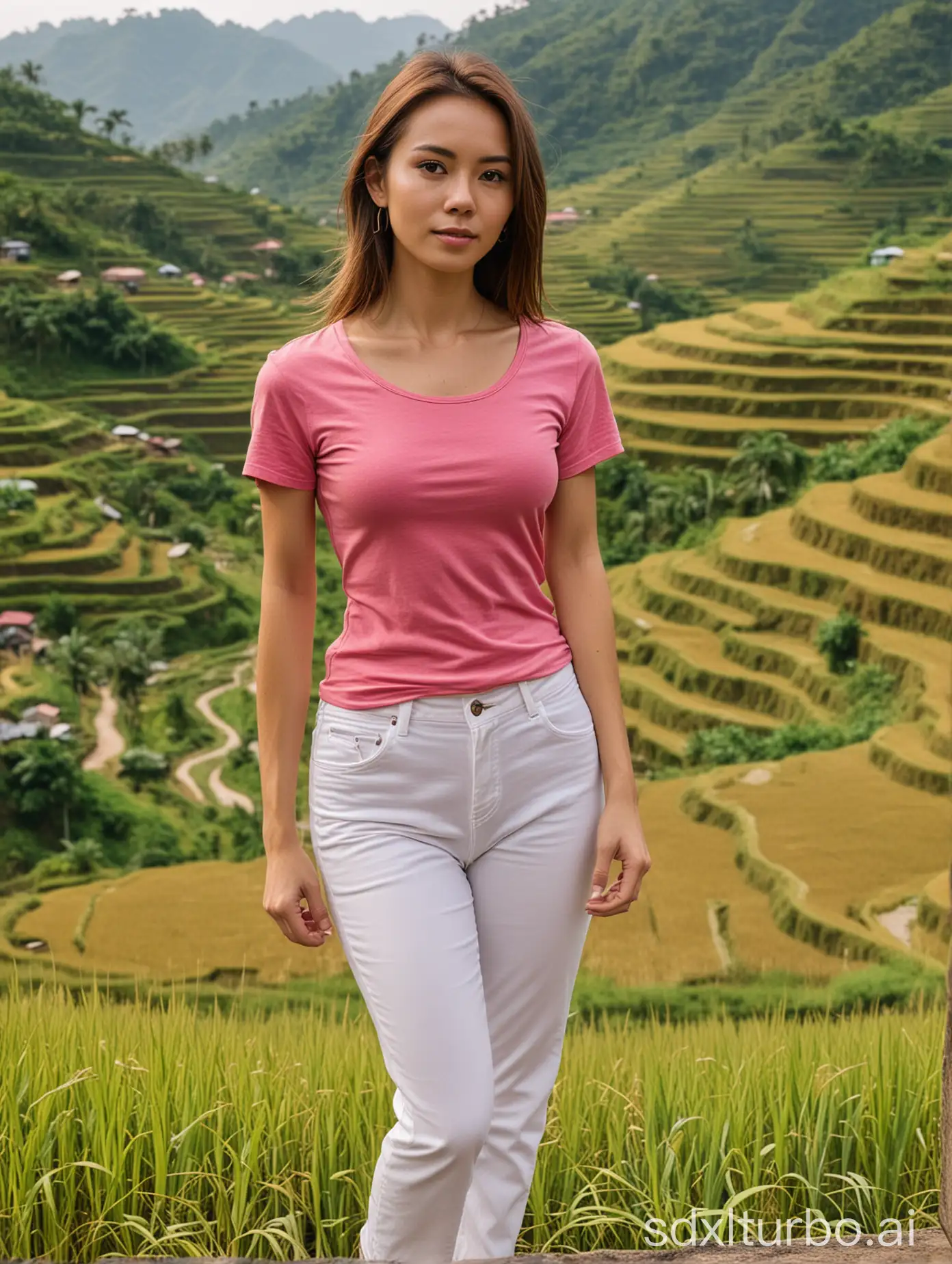 woman, medium brown hair, slim body, small breast, wearing tight dark pink t-shirt, wearing white long pants, standing on higher ground, background below far is terraced rice field