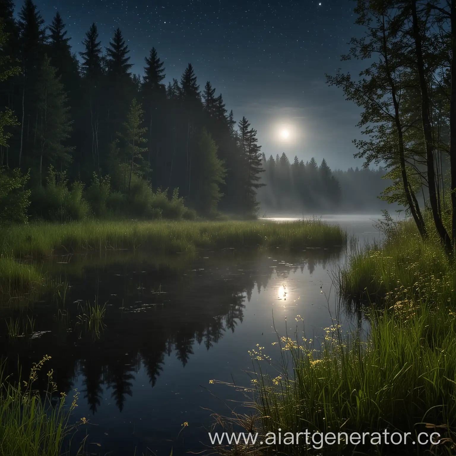 Moonlit-Forest-Lake-with-Fireflies-Dancing-in-Mist