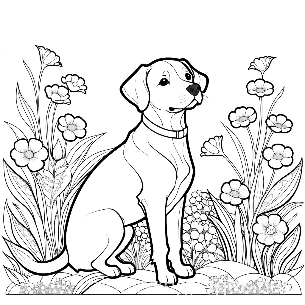 dog flowers home, Coloring Page, black and white, line art, white background, Simplicity, Ample White Space. The background of the coloring page is plain white to make it easy for young children to color within the lines. The outlines of all the subjects are easy to distinguish, making it simple for kids to color without too much difficulty