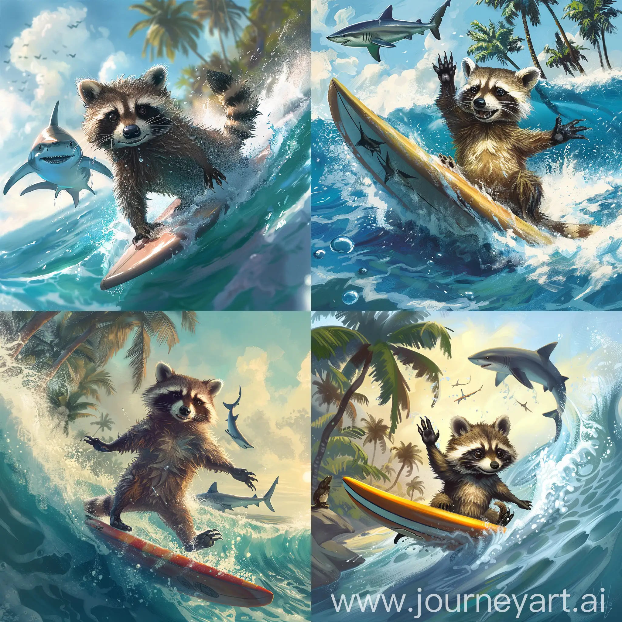 Raccoon-Surfing-with-Shark-and-Palm-Trees-in-Ocean