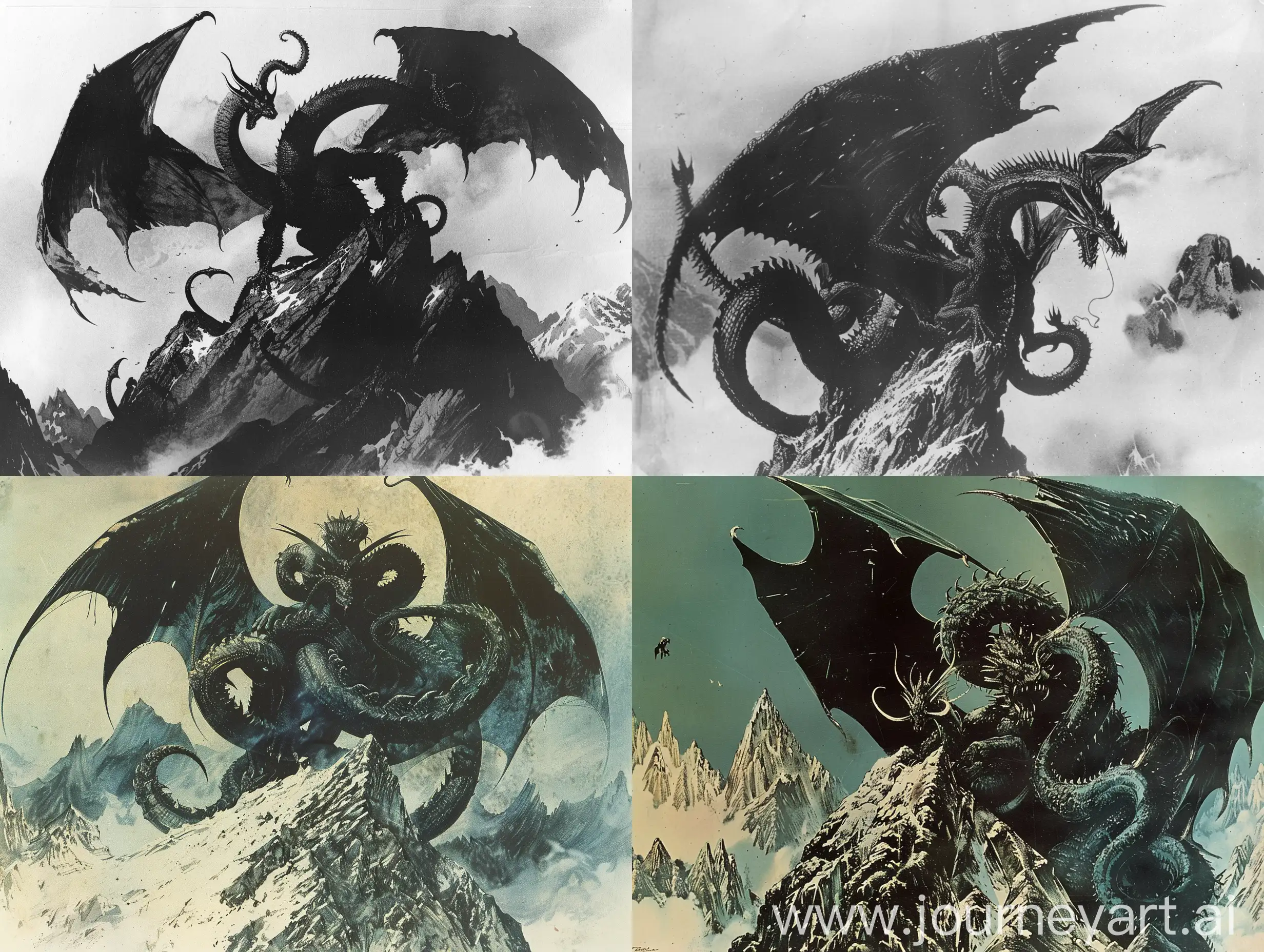 1970's dark fantasy book illustration. On a mountain peak, a huge black Hydra, with its two large wings and several heads.