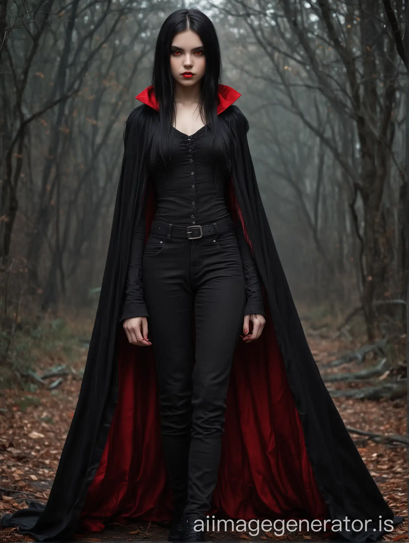 15 year old black haired vampire girl with red eyes wearing a black top, long cape that's red on the inside and black on the outside and black pants