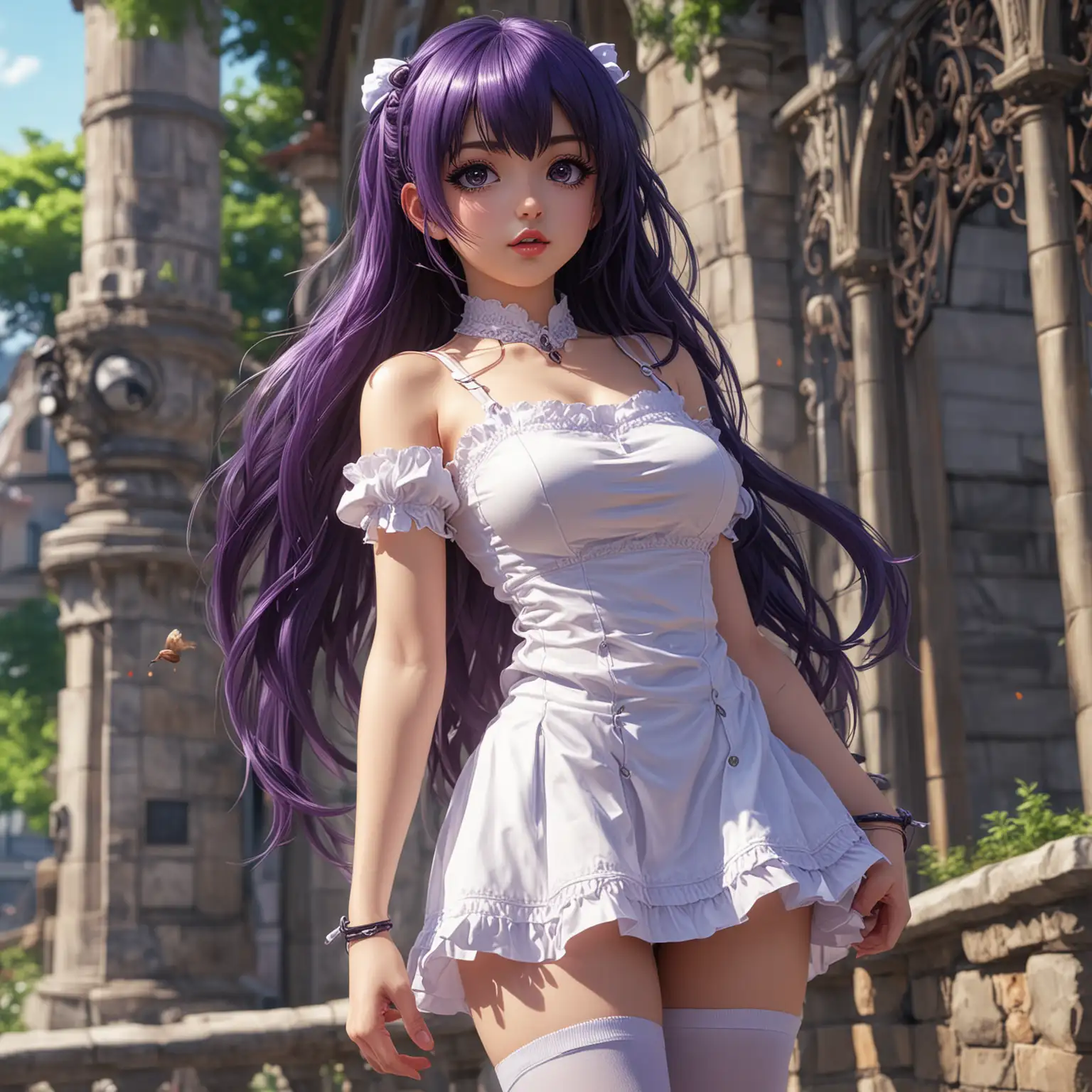 Beautiful Anime Girl in White Summer Minidress and Thigh Highs