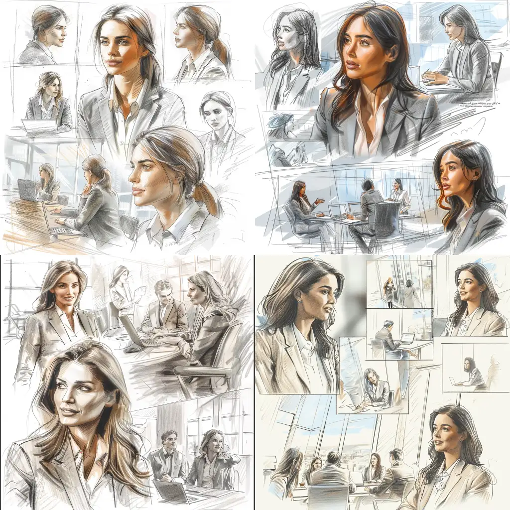 “A detailed sketch with graphite pencil and subtle, minimal color accents of an attractive woman in business attire, networking in various environments. Some frames show her in a modern office with natural light from windows, while others depict her in a virtual meeting room with soft indoor lighting. The composition includes close-up shots, mid-range views, and wide-angle perspectives. The woman is engaged in conversations, working on her laptop, and presenting to a group. The atmosphere is professional and dynamic.” –s 0 –v 6.0 –style raw