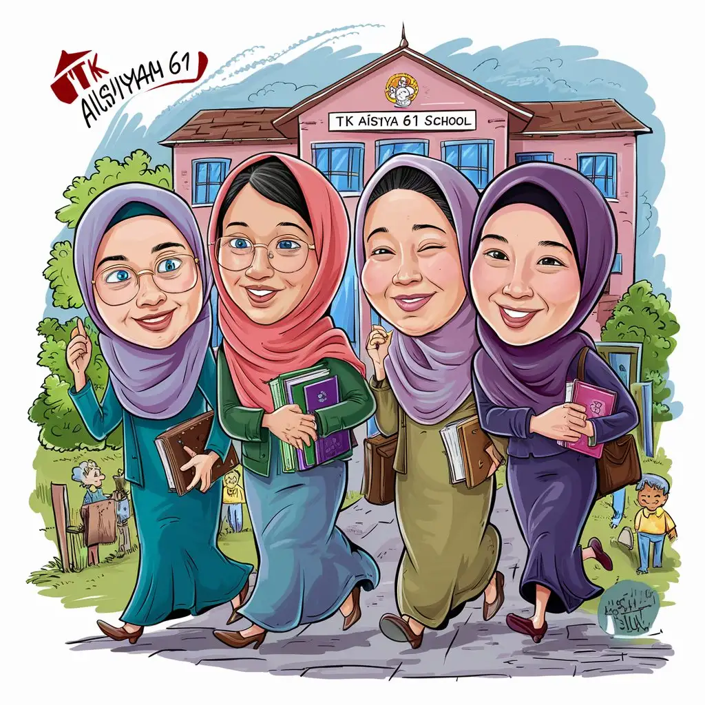 Karikatur empat guru perempuan berhijab dua diantaranya memakai kaca mata sedang berjalan meninggalkan gedung sekolah TK Aisyiyah 61