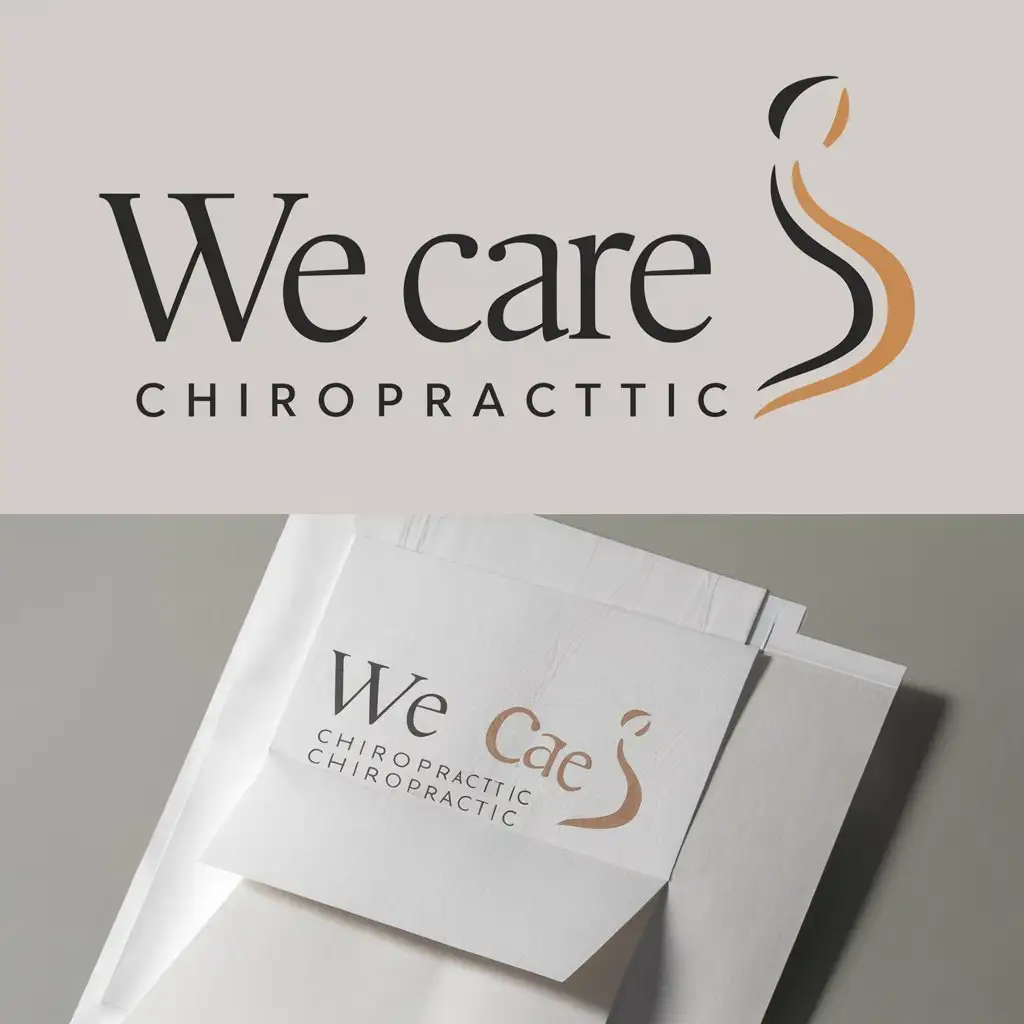 a logo design,with the text "we care'’’’chiropractic", main symbol:Professional Look:nnDesign must be polished and sophisticated.nAlign with the standards of the healthcare industry.nnReflecting Emotions:nnConvey care and compassion.nIntegrate elements that evoke warmth and empathy. logo must be white stationery mockup,Moderate,clear background