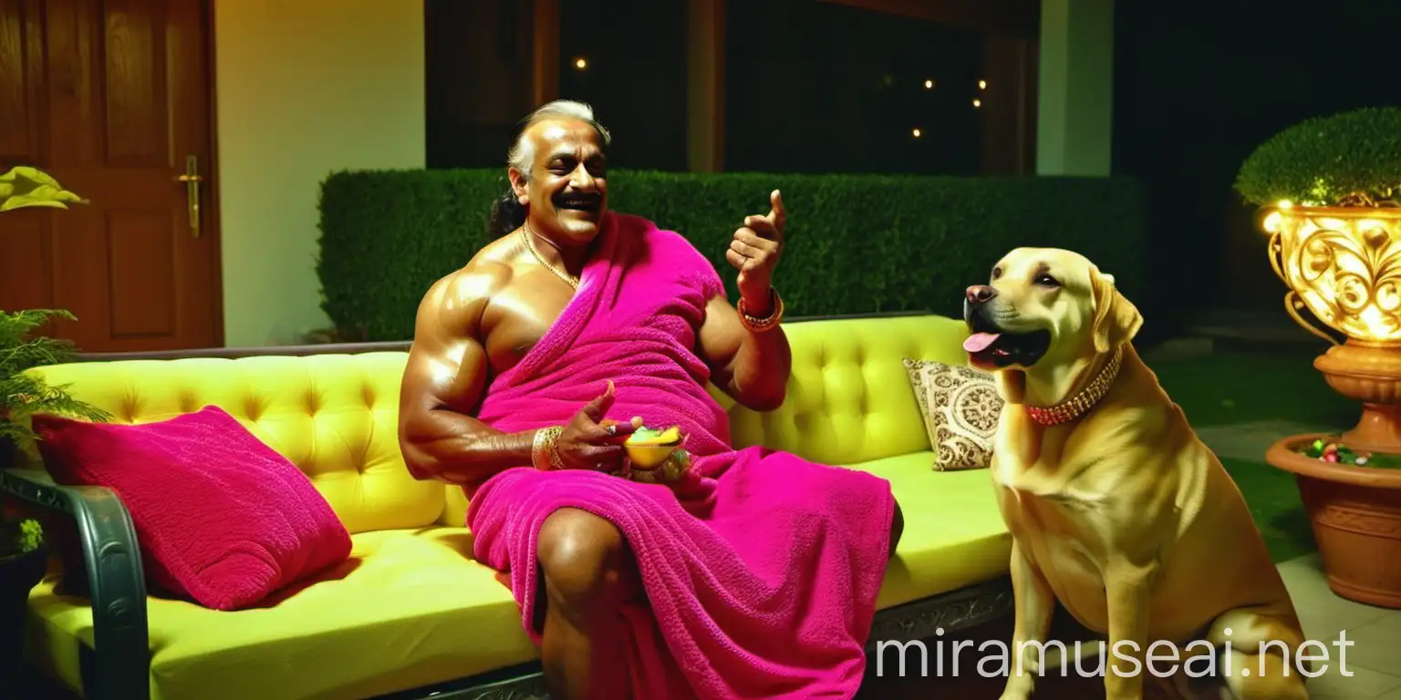at night a 23 years indian muscular bodybuilder man is sitting with a 63 years  indian beautiful mature fat 
 pregnant woman  with high volume hair and makeup wearing earrings and gold ornaments   with open hair style   . both are wearing wet neon lemon pink bath towel and  they are sitting in a luxurious garden court yard on a luxurious colorful sofa ,and are happy and shaming. and Labrador Retriever
Dog breed is near them.  . a lot of sweet foods are on plate on a glass table ,  and a lots of lights are there. 
