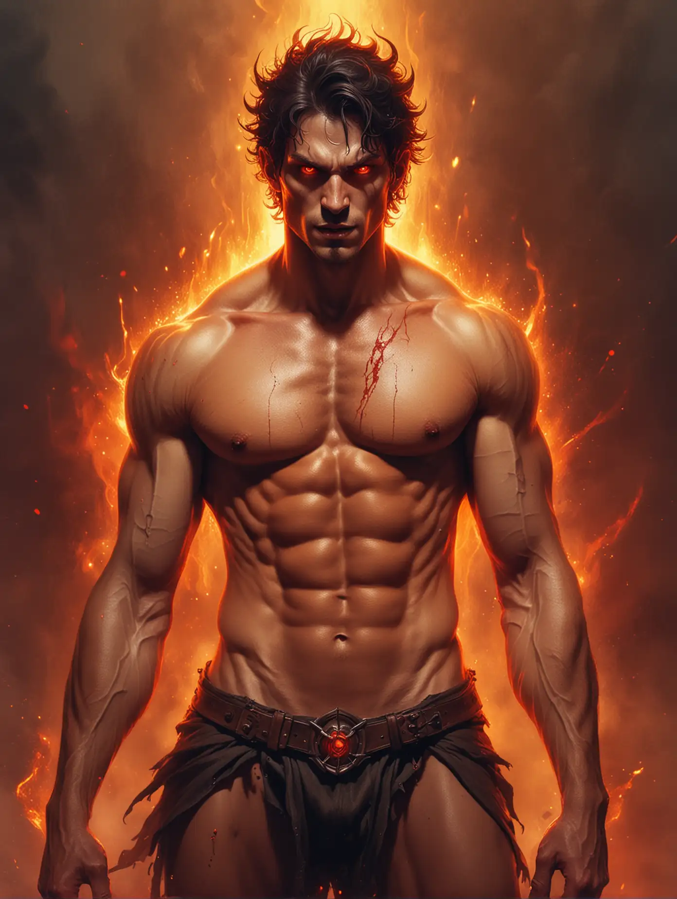 Illustration of a handsome sexy incubus hell monster, with red eyes, shirtless, naked, nice abs, red fog, yellow sparks