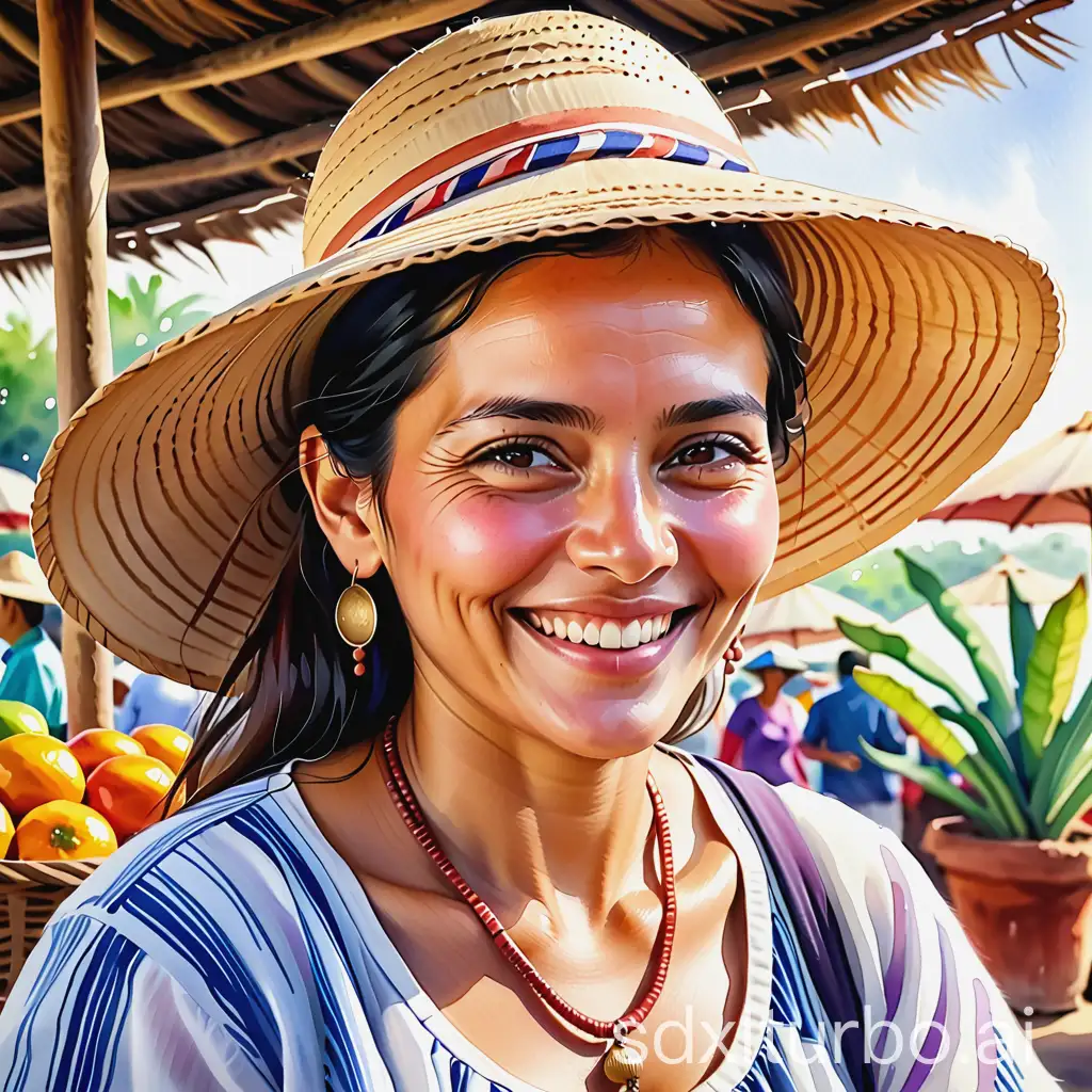 watercolor handdraw sketch of a traditional Paraguayan woman 40yo, smiling, who works at a traditional Paraguayan market