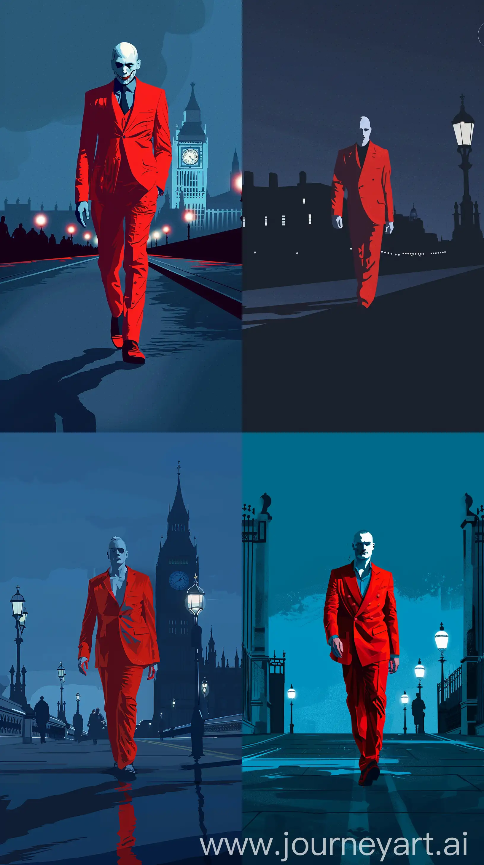 illustration, 35 years old man strong, wearing a red suit , white skin, walking , evening blue hour, walking at london , phone wallpaper, minimal. Professional , front view, , Hd 10k --ar 9:16
